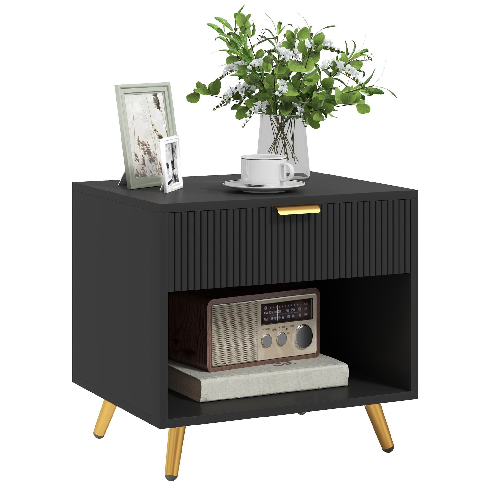 Black Fluted Bedside Table with Drawer, 19.7 x 15.7 x 18.5 in