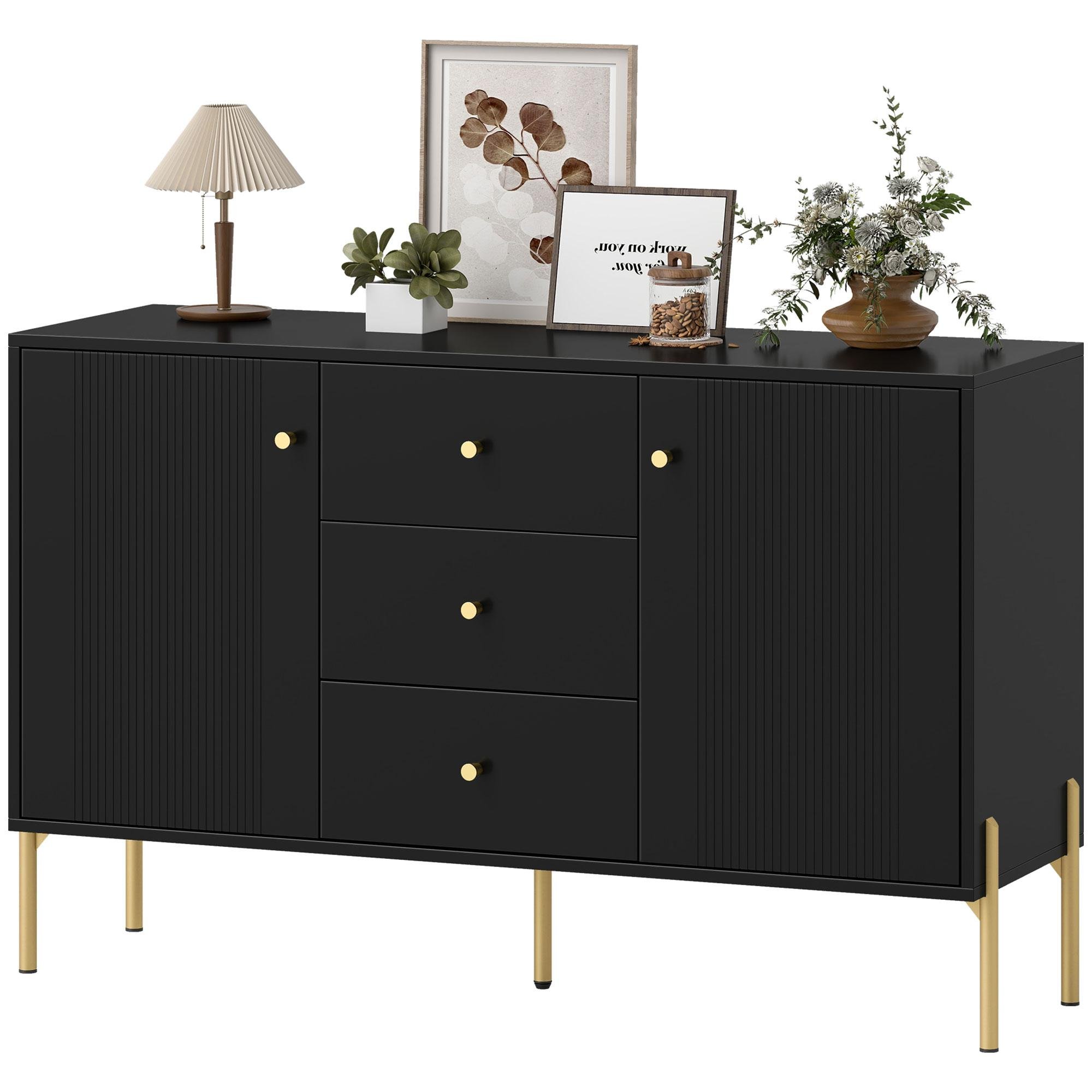 Black Fluted Buffet Cabinet with Adjustable Shelves