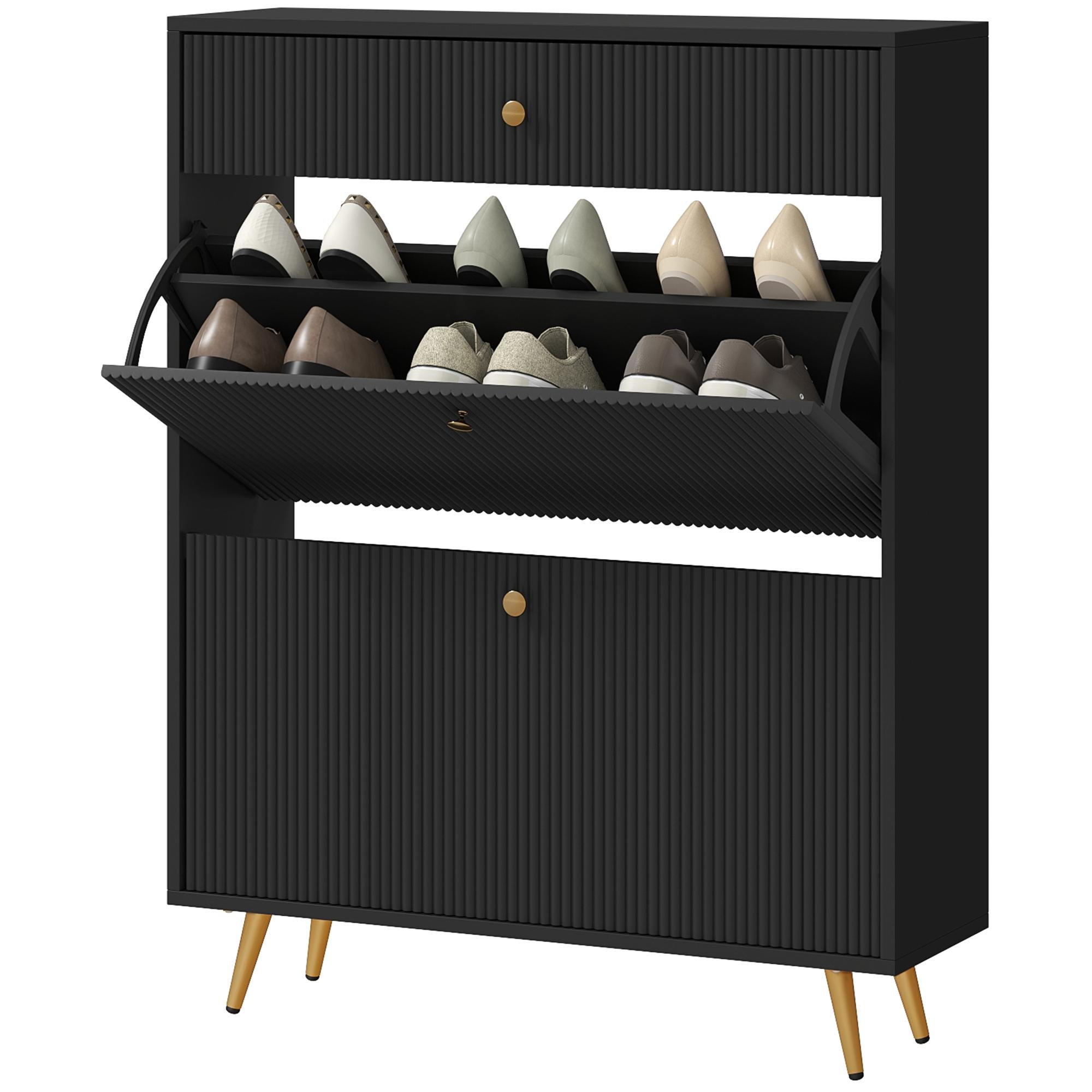 Black Fluted Shoe Cabinet with Adjustable Shelves