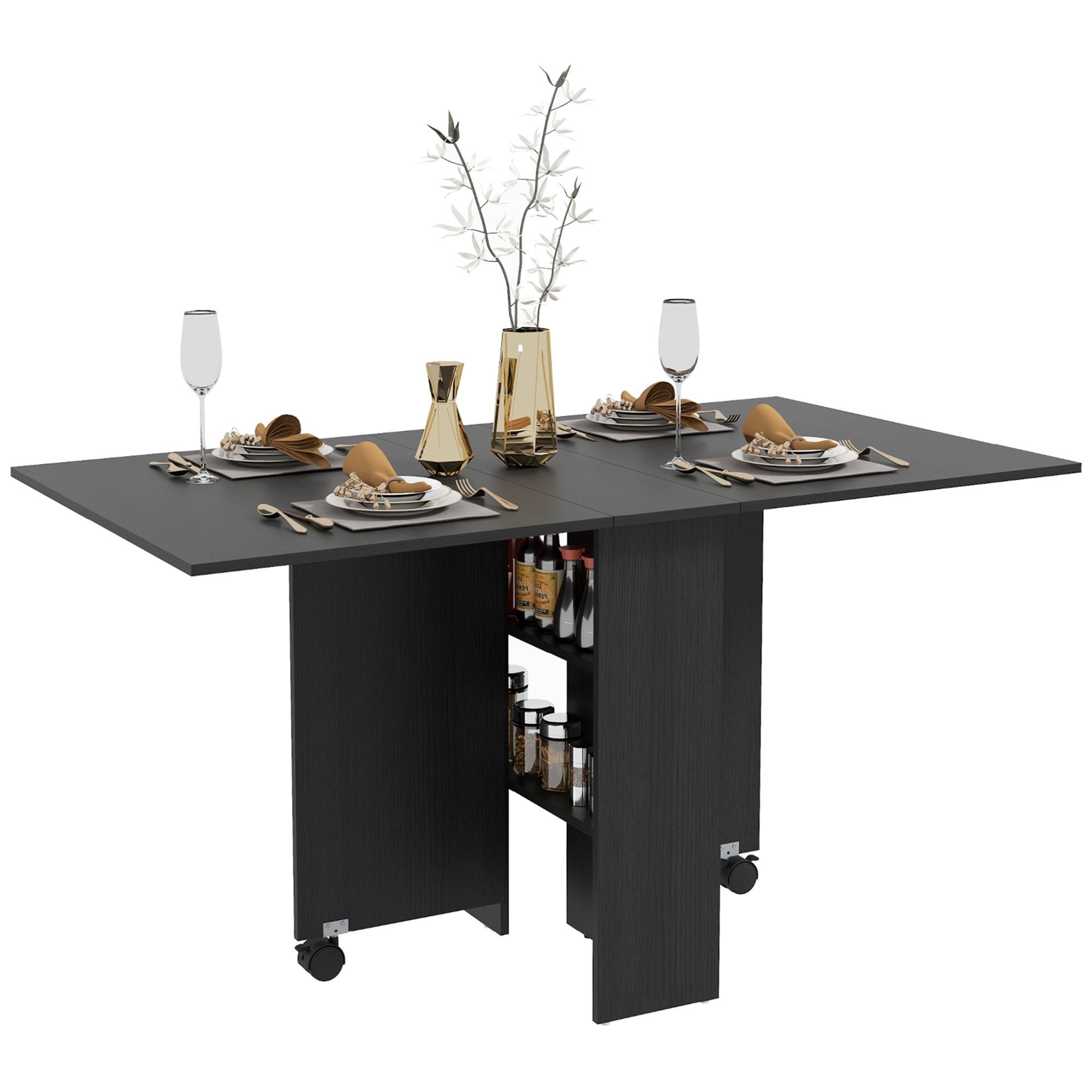 Black Particleboard Folding Table with Storage Shelves