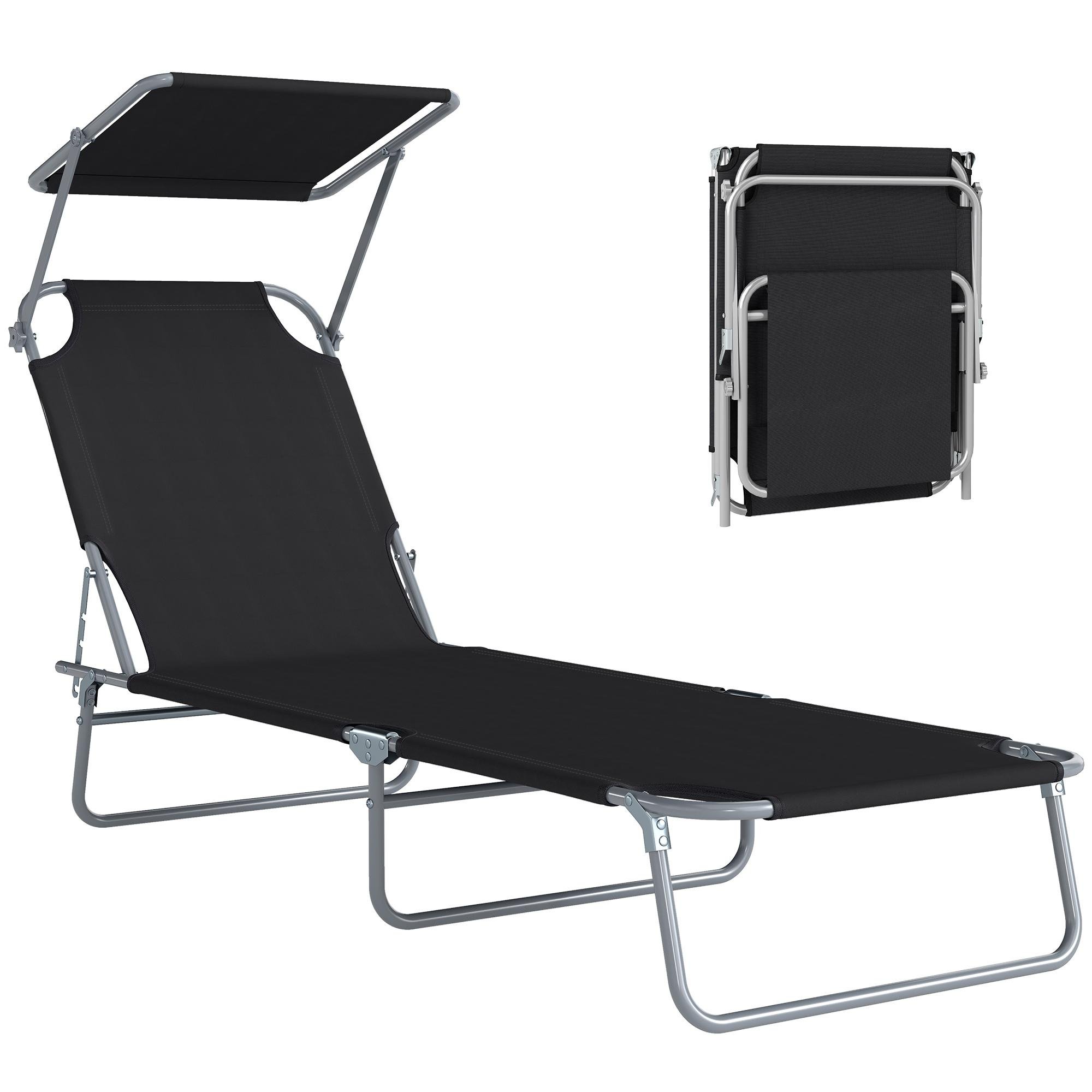 Black Adjustable Awning Lounger, Folding Outdoor Chaise