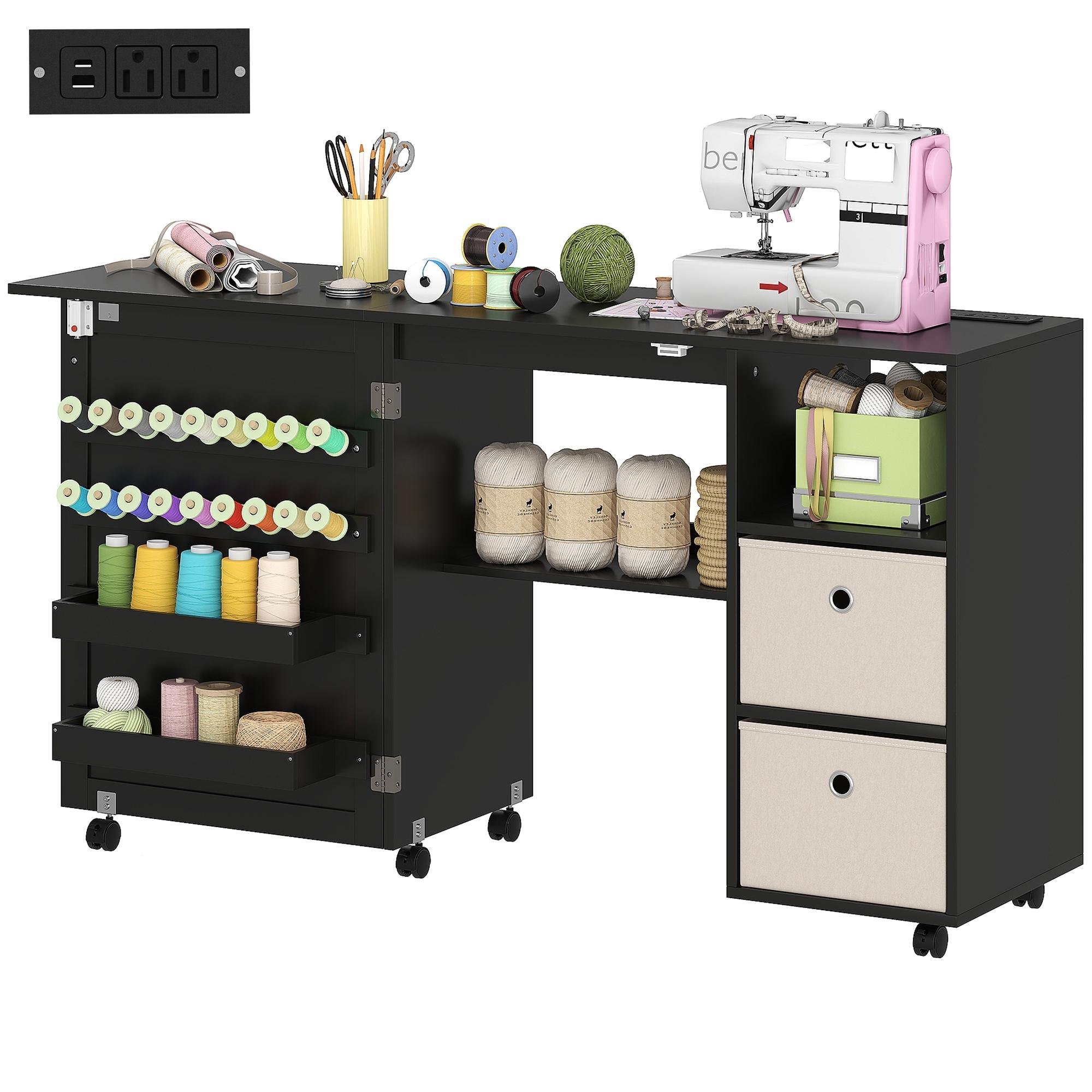 Black Folding Sewing Table with Power Outlet and Storage