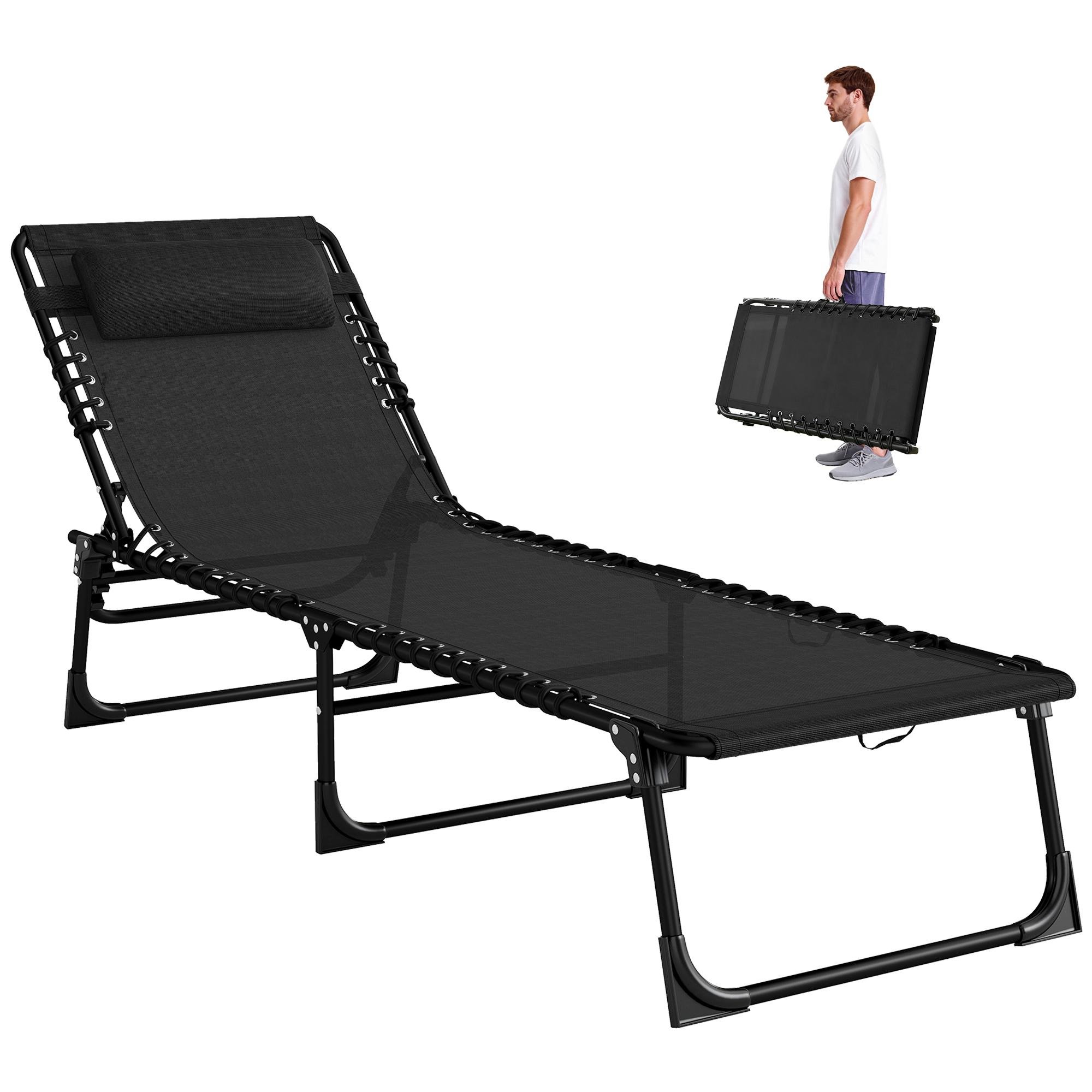 Black Folding Sun Lounger – 4-Level Recline for Outdoor Use