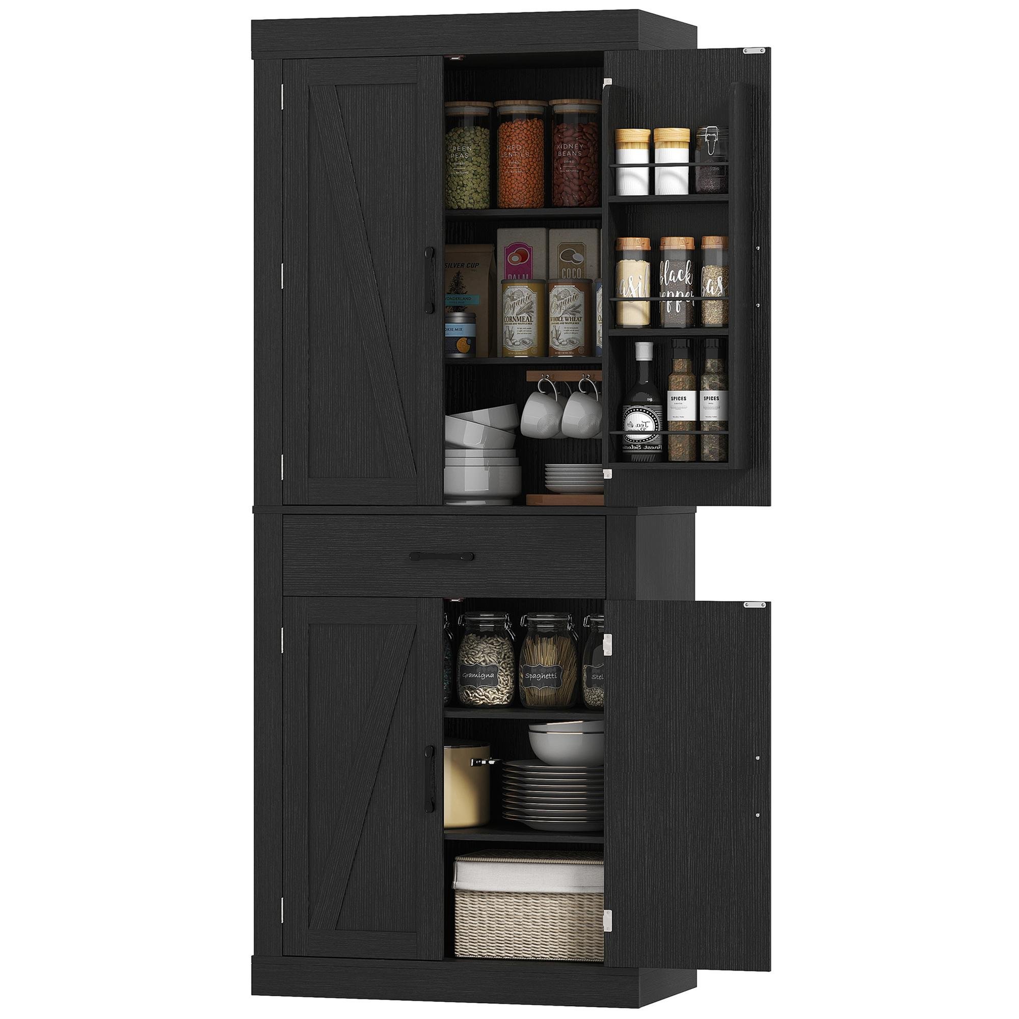 Black Four-Door Pantry Cabinet with Adjustable Shelf, 72.2-Inch