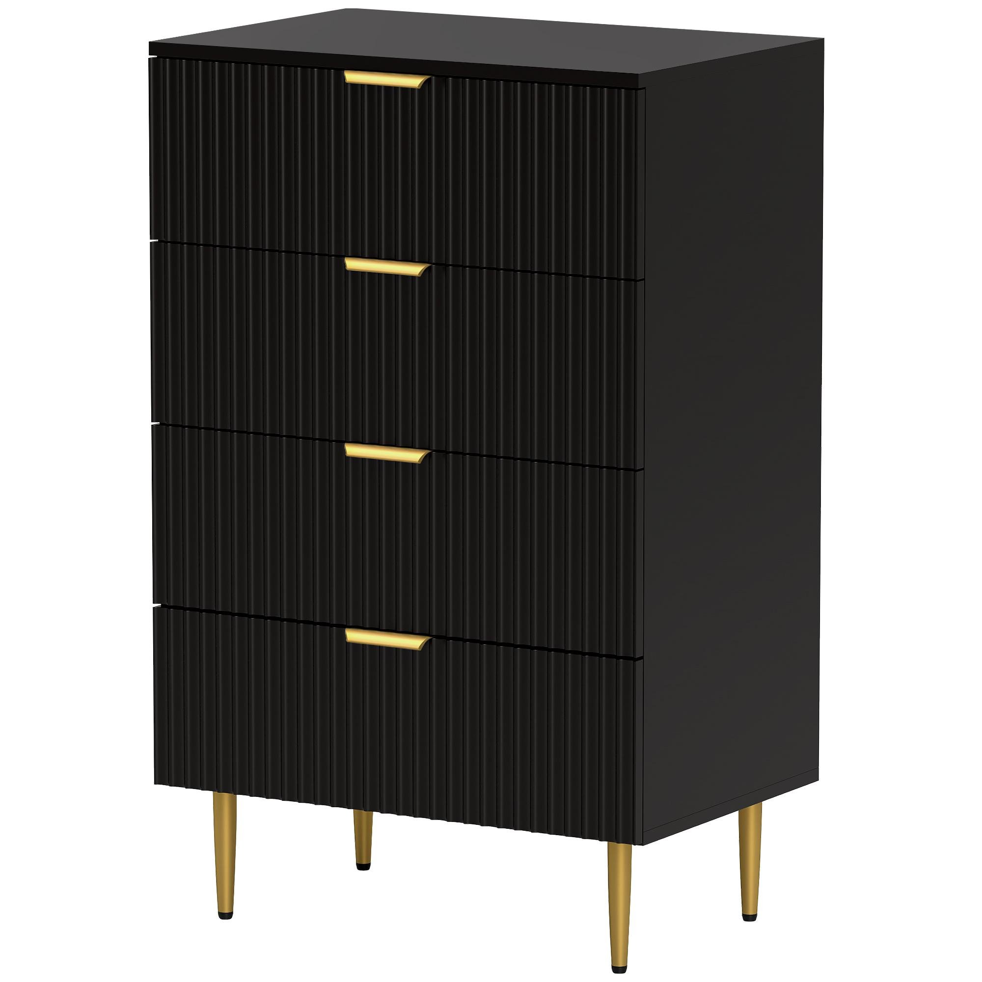 Black Fluted Four Drawer Dresser with Gold Legs