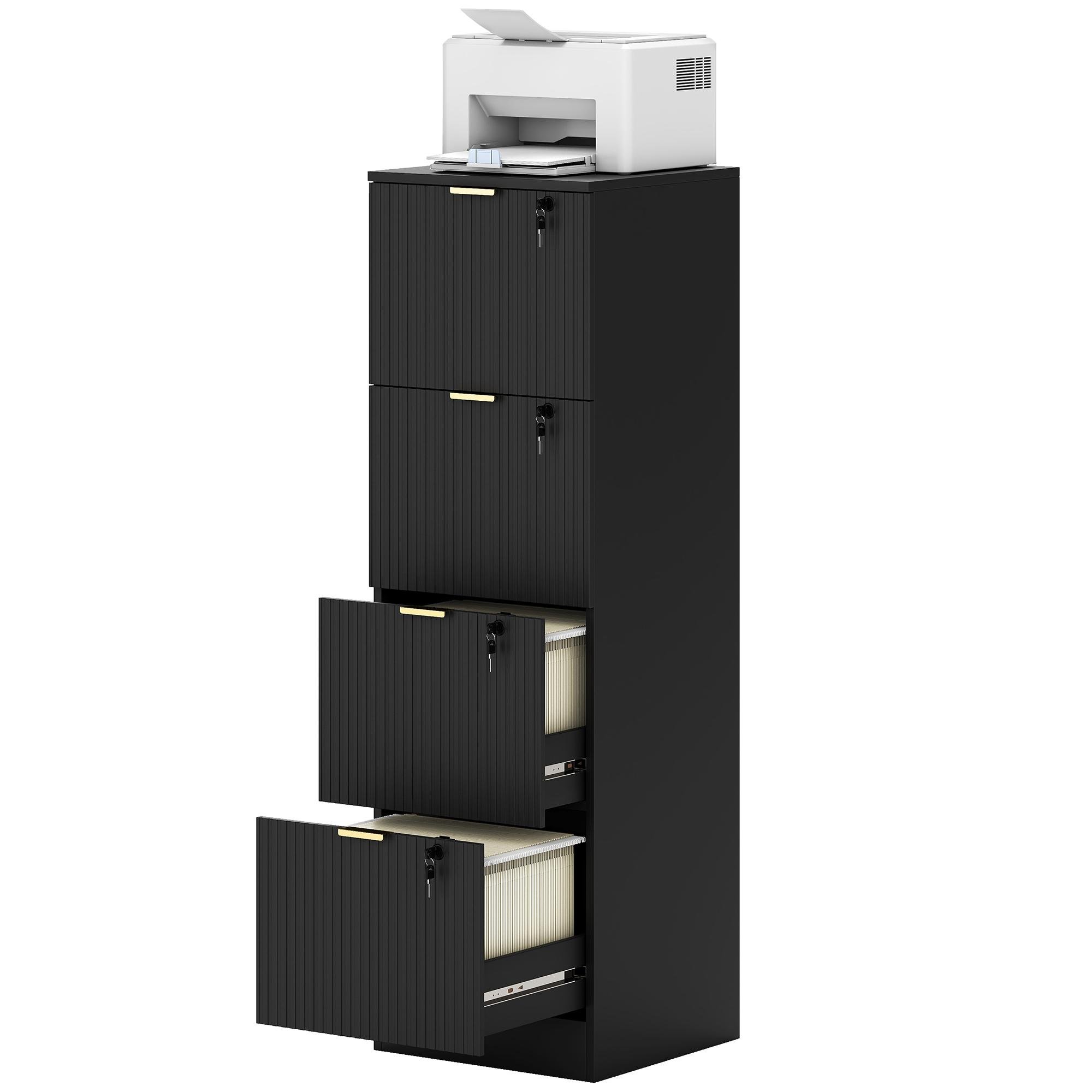 Black four drawer lockable cabinet with adjustable rails