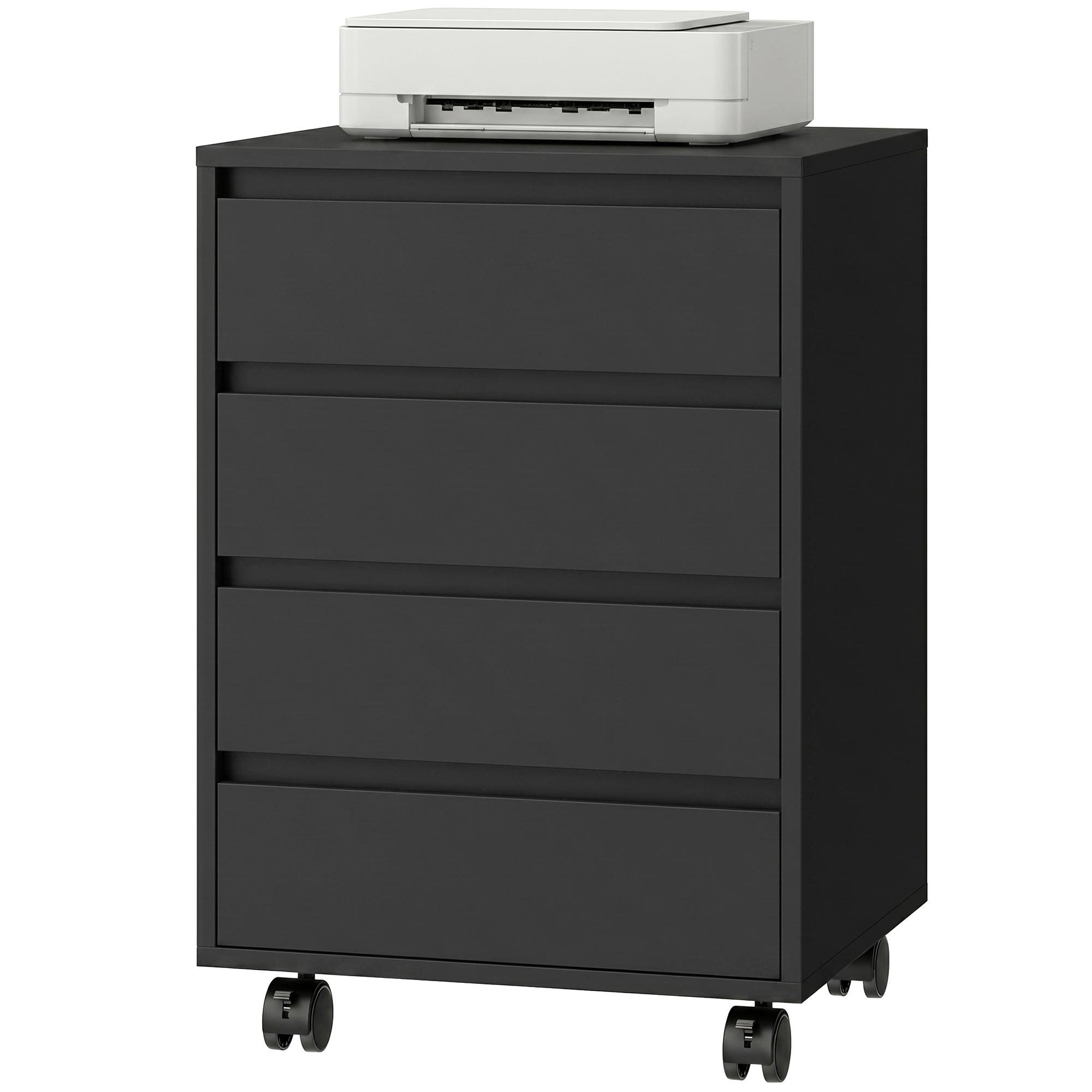 Black Four Drawer Printer Stand with Wheels for Office