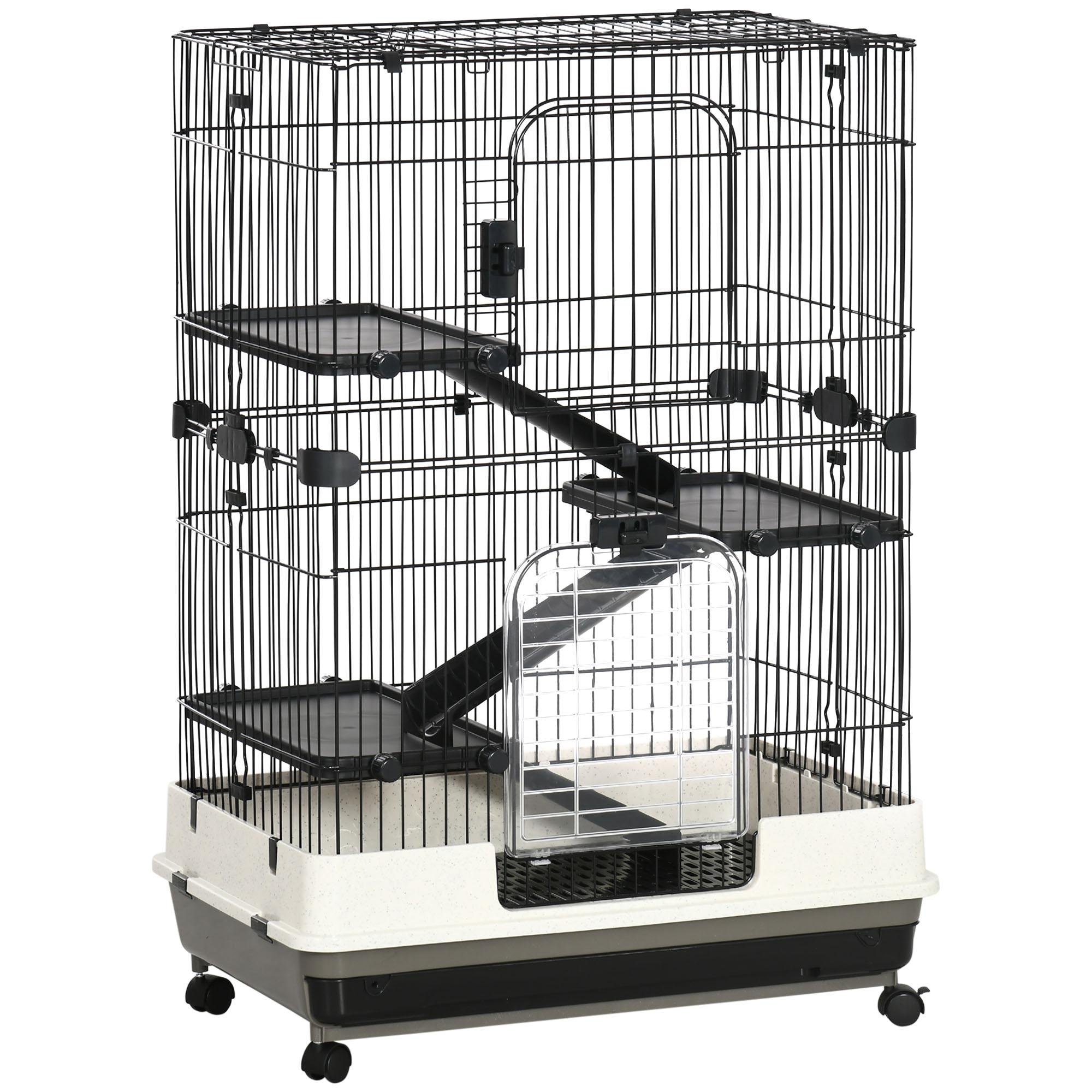 Black Four-Level Animal Cage with Wheels, 81 x 53 x 114 cm