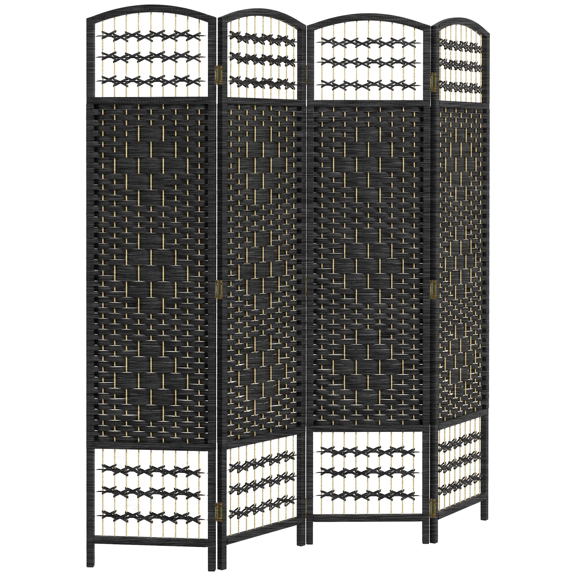Black 4 Panel Privacy Screen, Woven Folding Room Divider