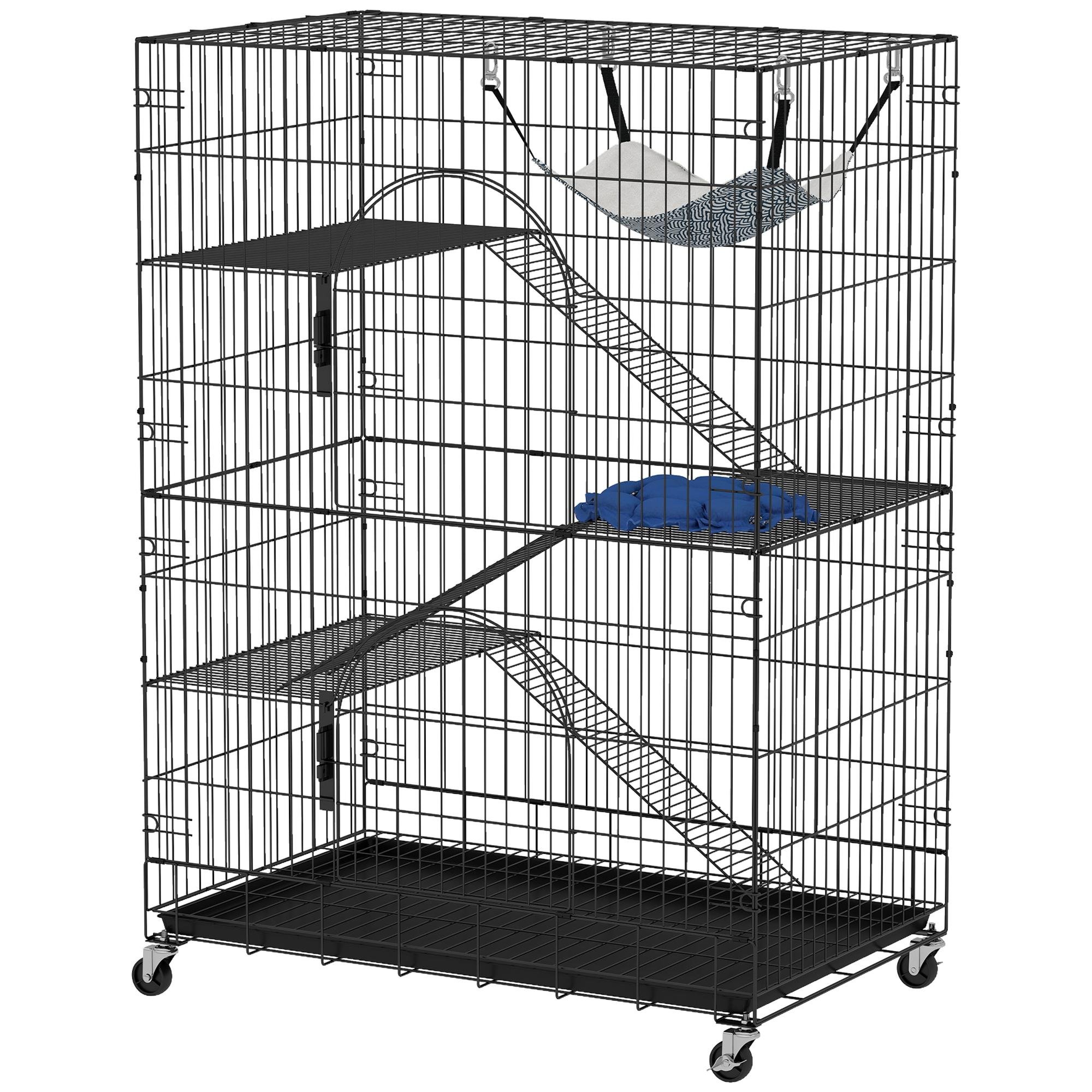 Black four tier cat cage with hammock and wheels