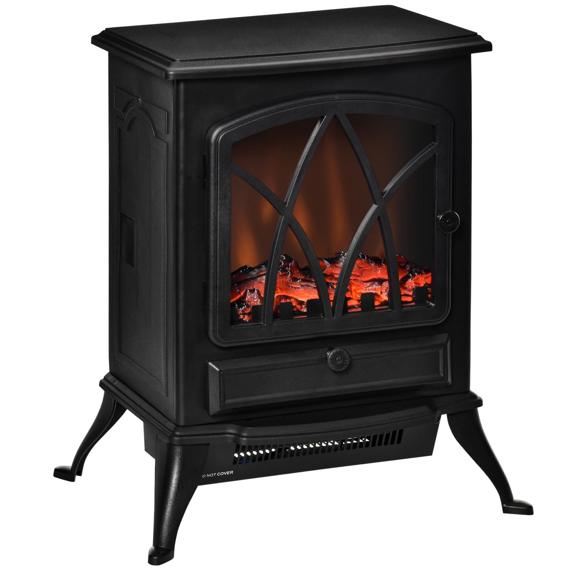 Black Freestanding Fireplace Heater with LED Flame Effect