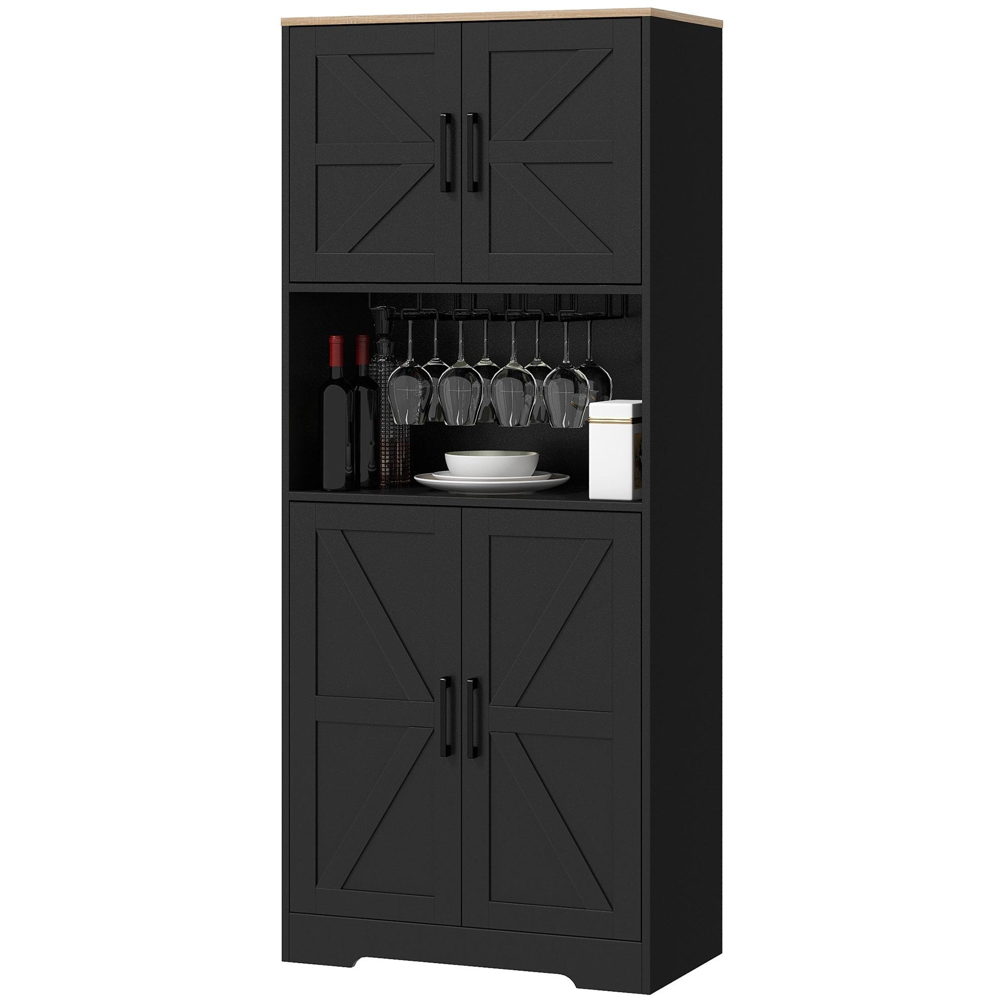 Black 68 Inch Pantry Hutch with Wine Glass Holders