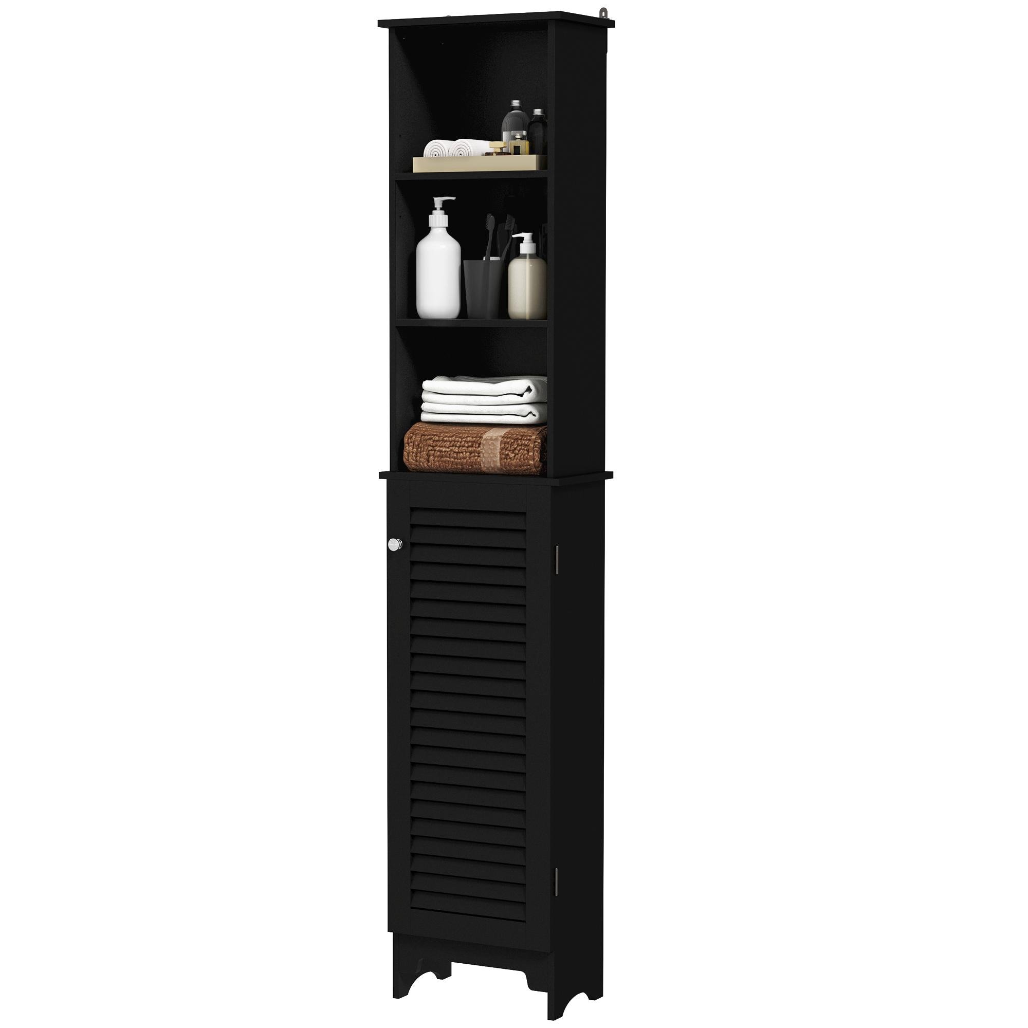 Black Slatted Door Linen Tower with Adjustable Shelves