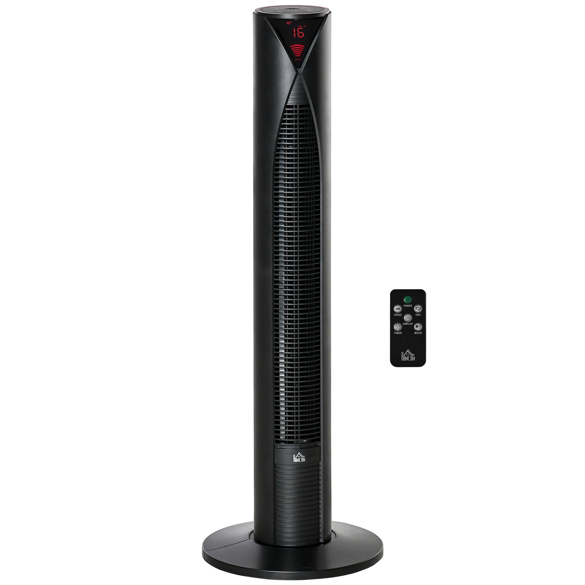 Black Oscillating Tower Fan with Remote and 12-Hour Timer