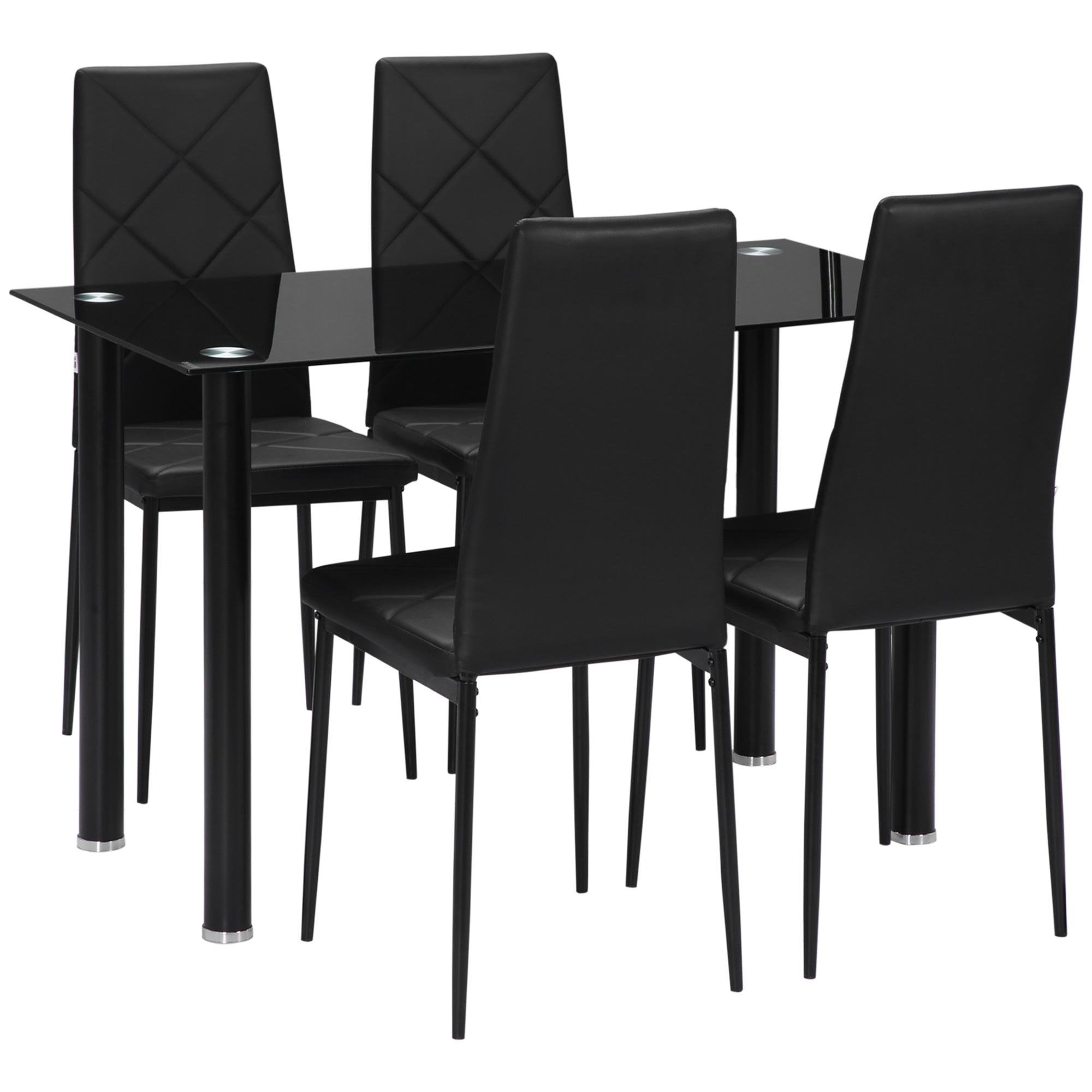 Black Glass Dining Set with Four Padded High-Back Chairs