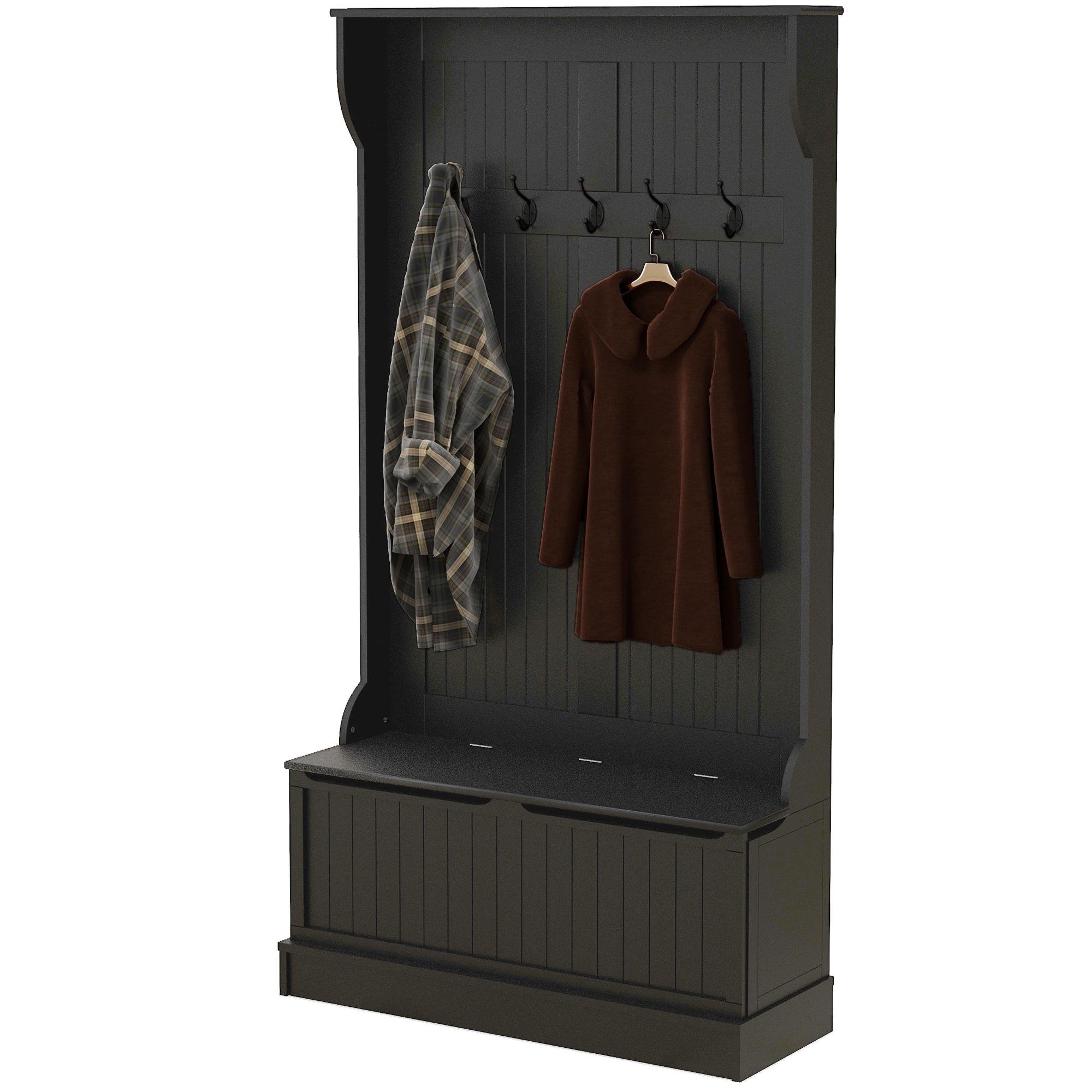 Black Storage Bench Hall Tree with Five Double Hooks