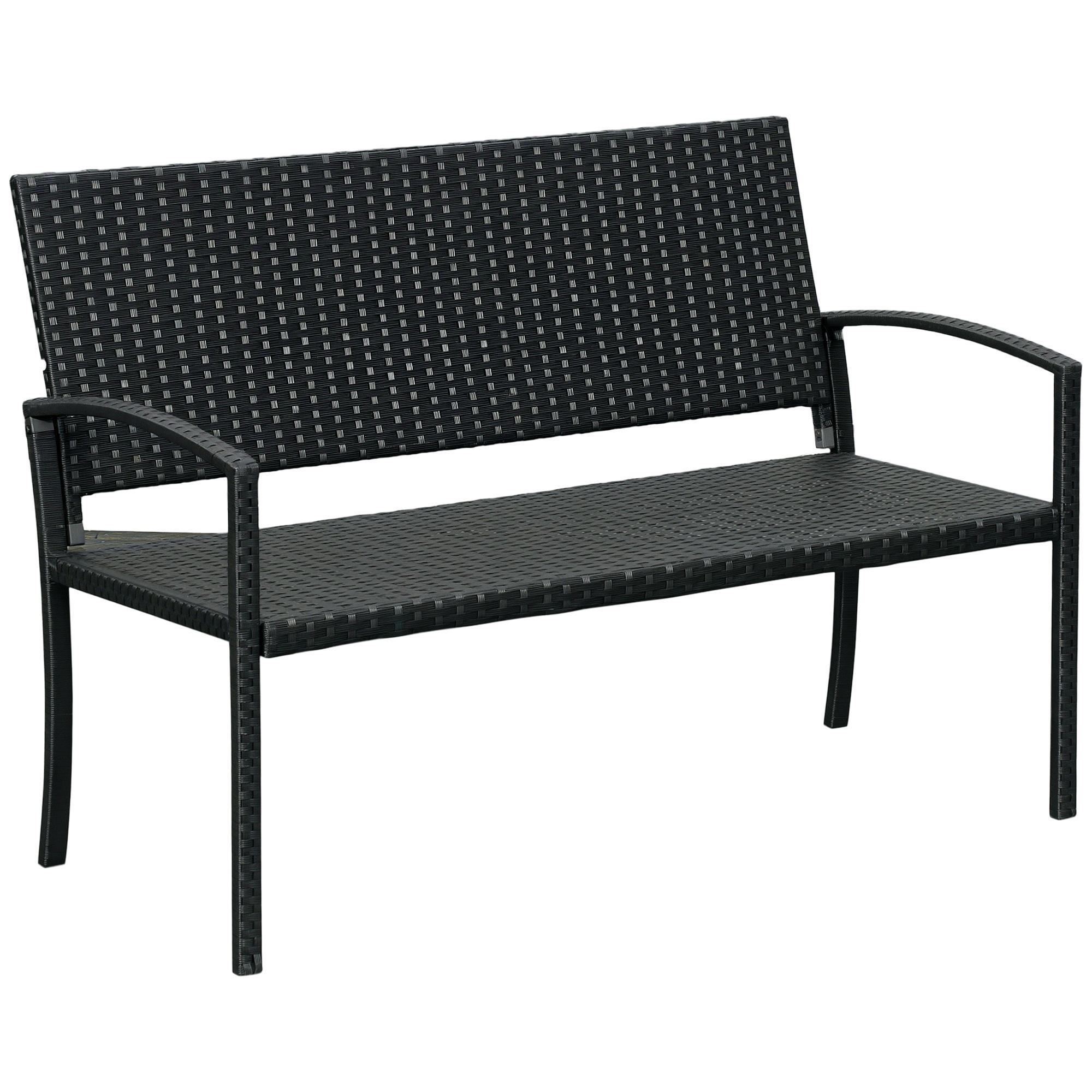 Black Rattan Loveseat Bench with Hand-Woven Outdoor Seating