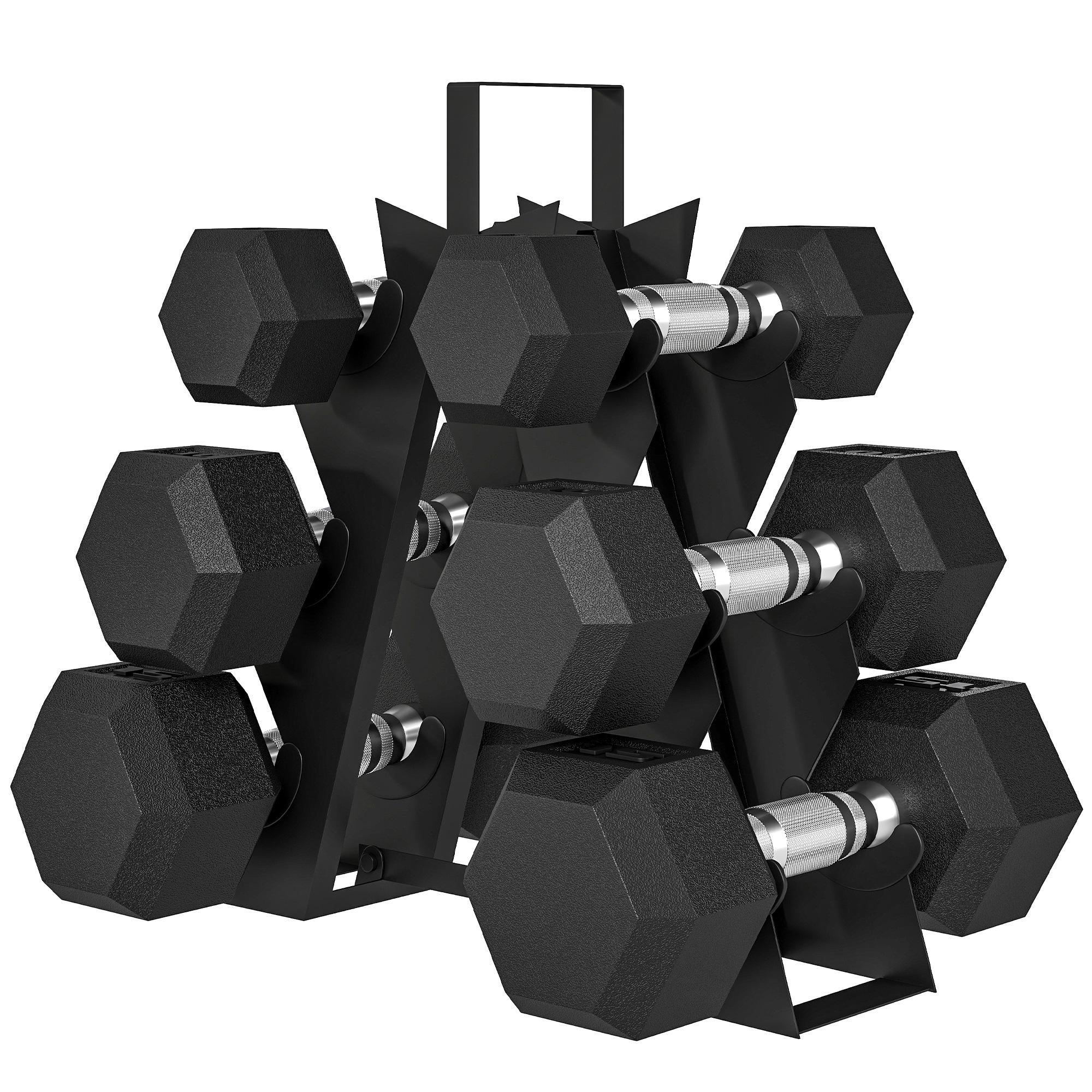 60 lbs hex dumbbell set with compact rack