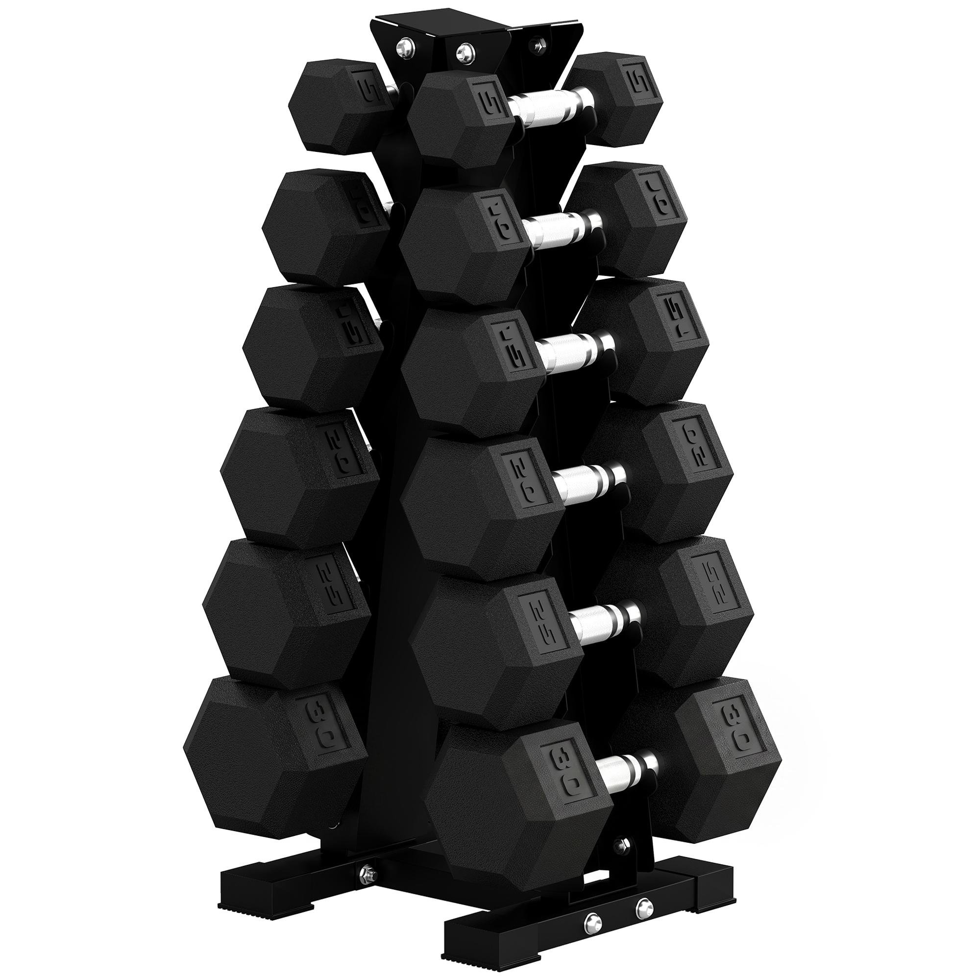 210 lbs Rubber Dumbbells with Space-Saving A-Frame Rack
