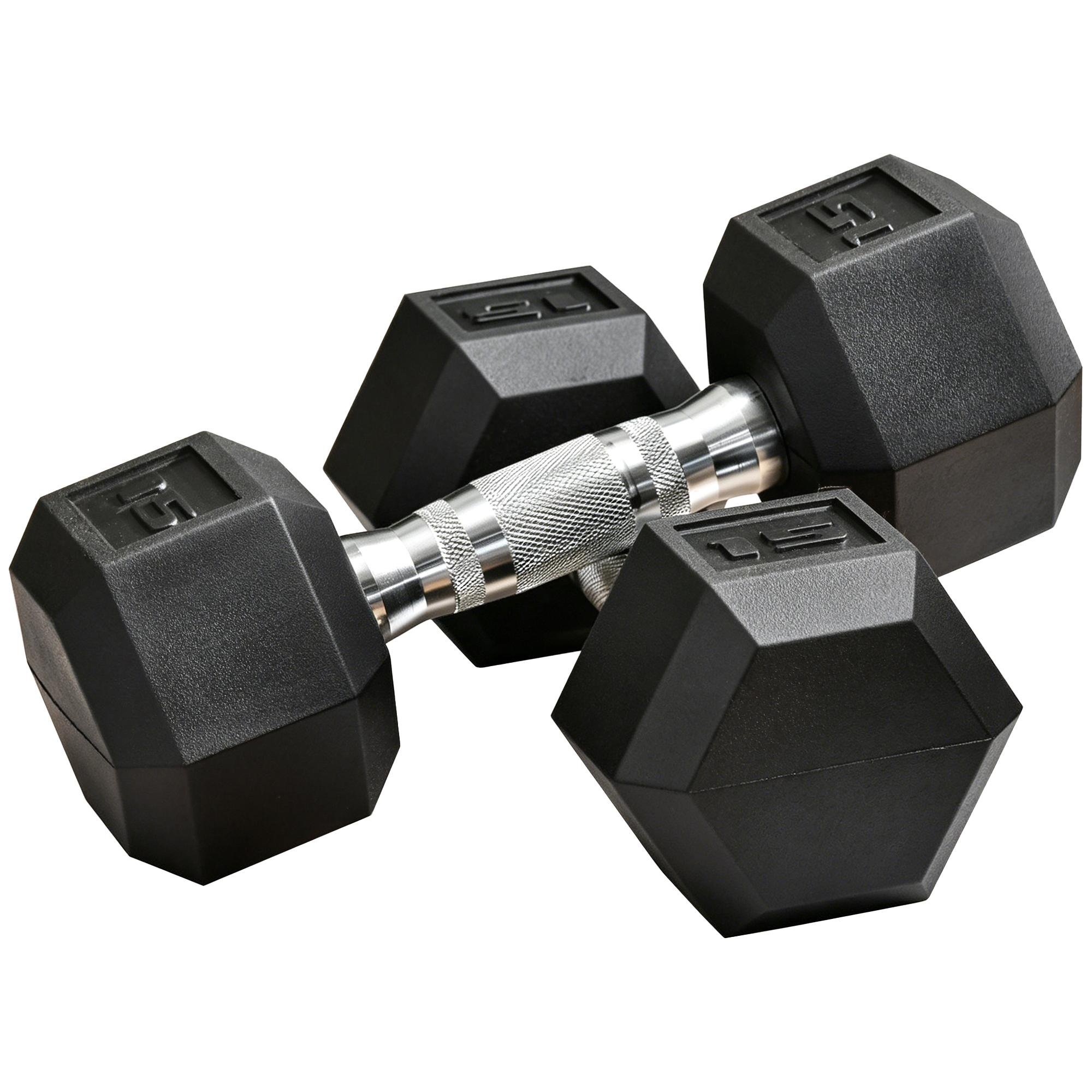 Black Rubber Dumbbells, 2 x 15 lbs Hex Set