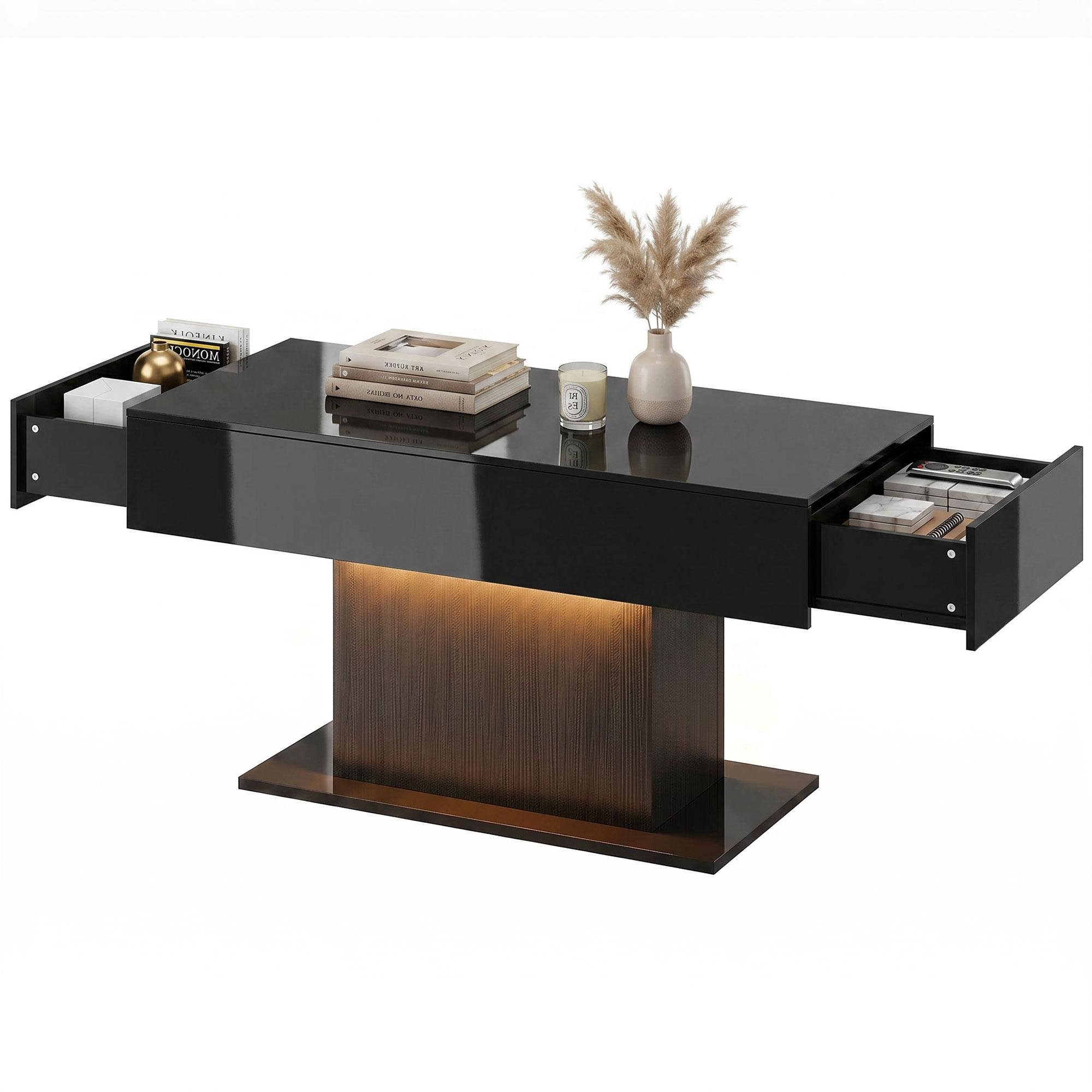 Black LED Drawer Coffee Table with High-Gloss Finish