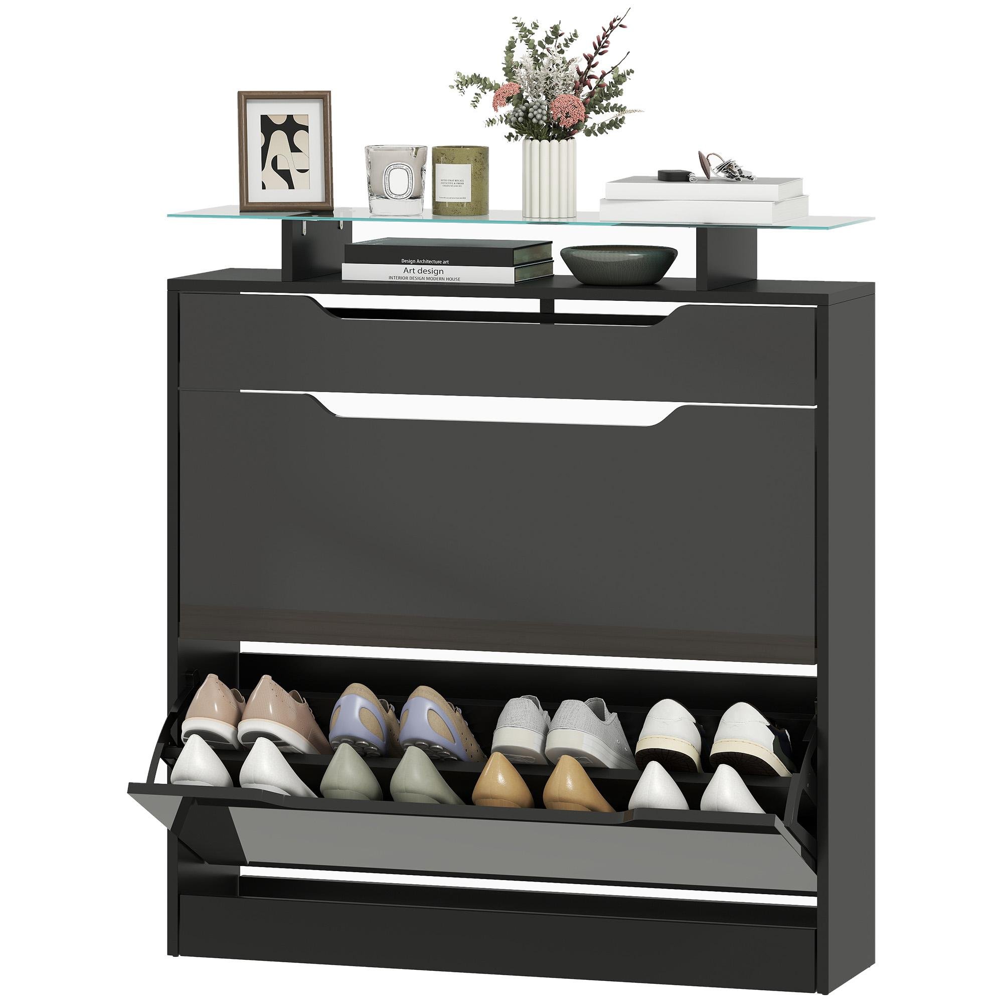 Black Narrow Shoe Cabinet with Glass Top, 16-Pair Storage