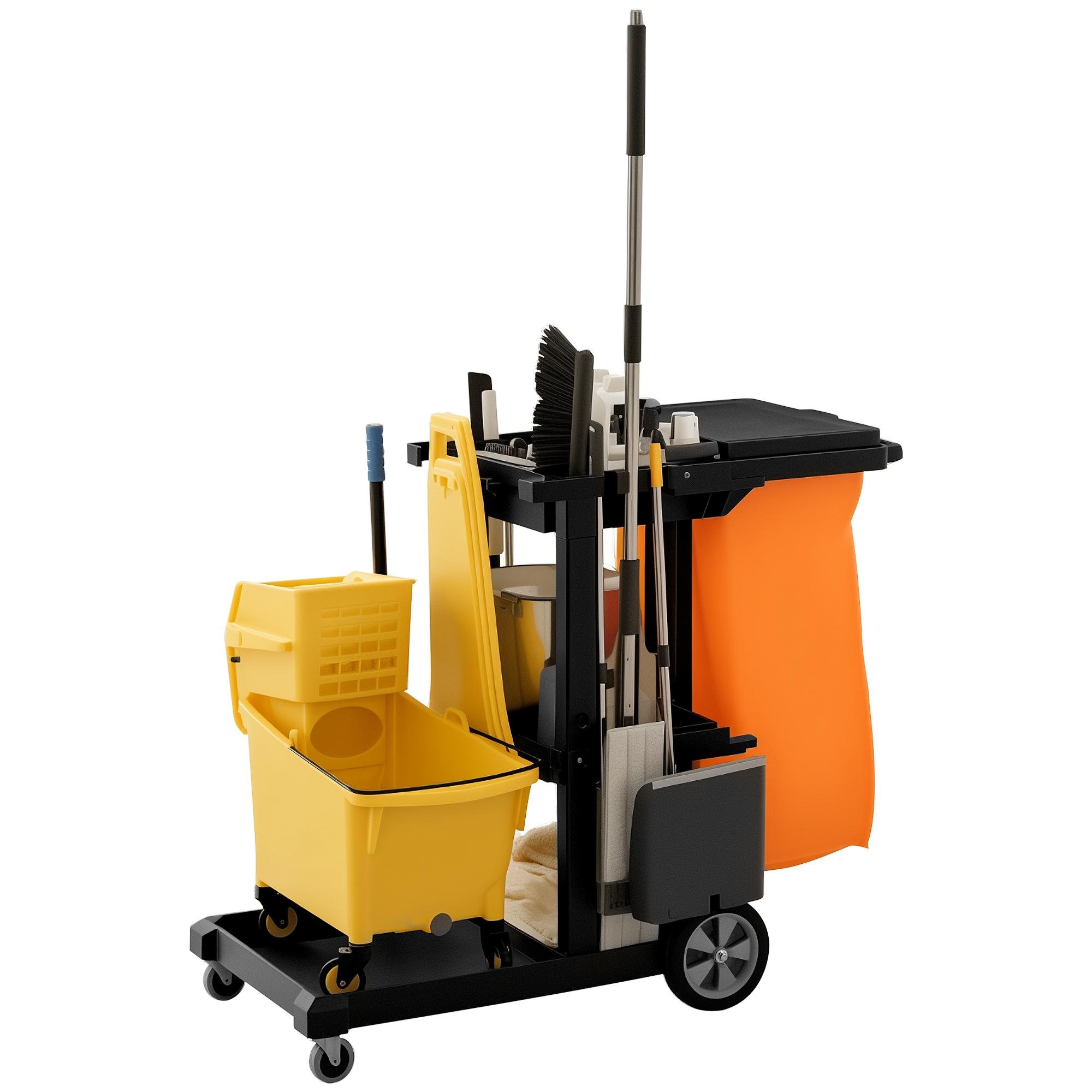 Black PP Janitorial Cart with 3-Tier Shelves