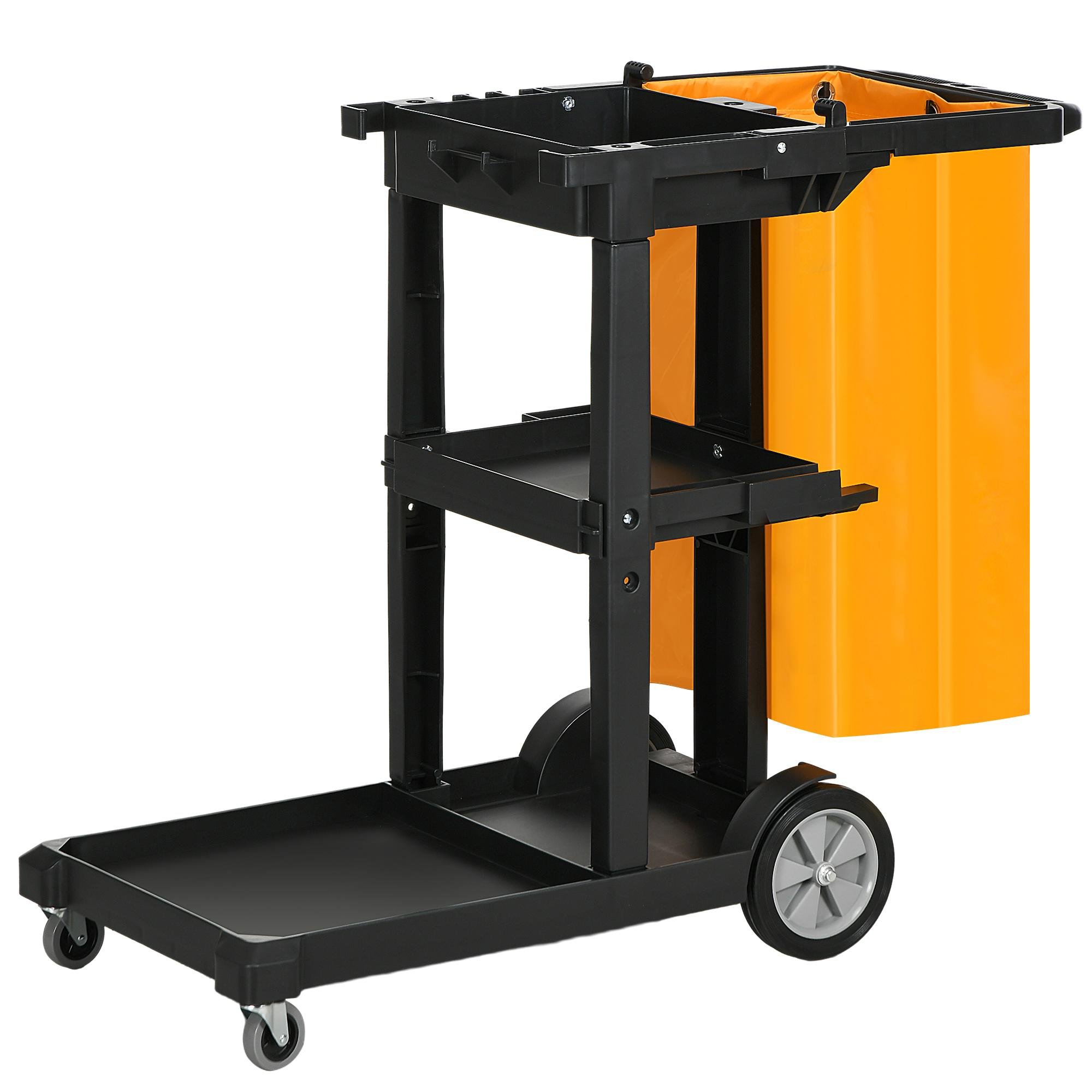 Black Janitorial Cart with 3 Shelves and Rubbish Bag