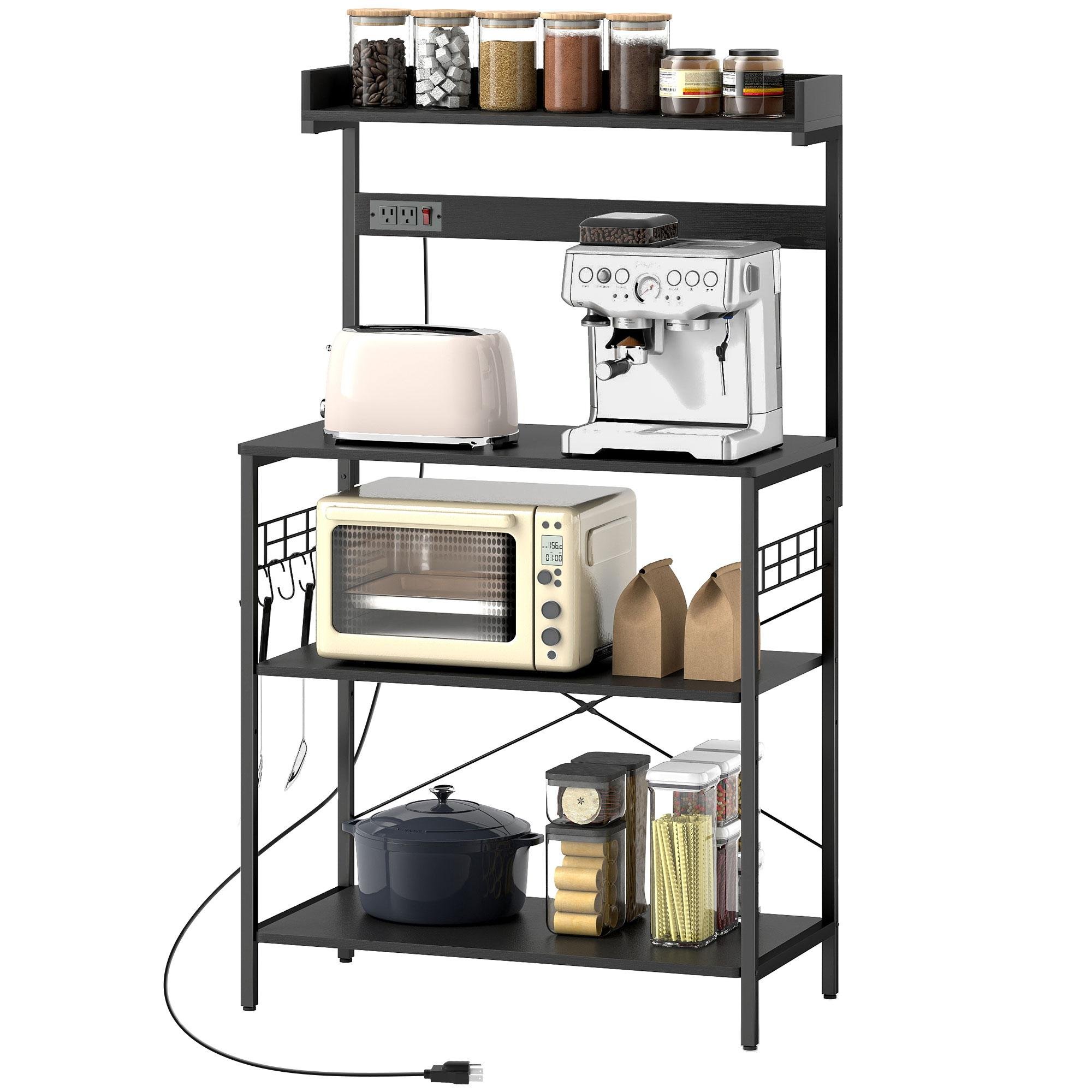 Black Kitchen Rack with Power Outlet, Baker's Rack, 31.5 in