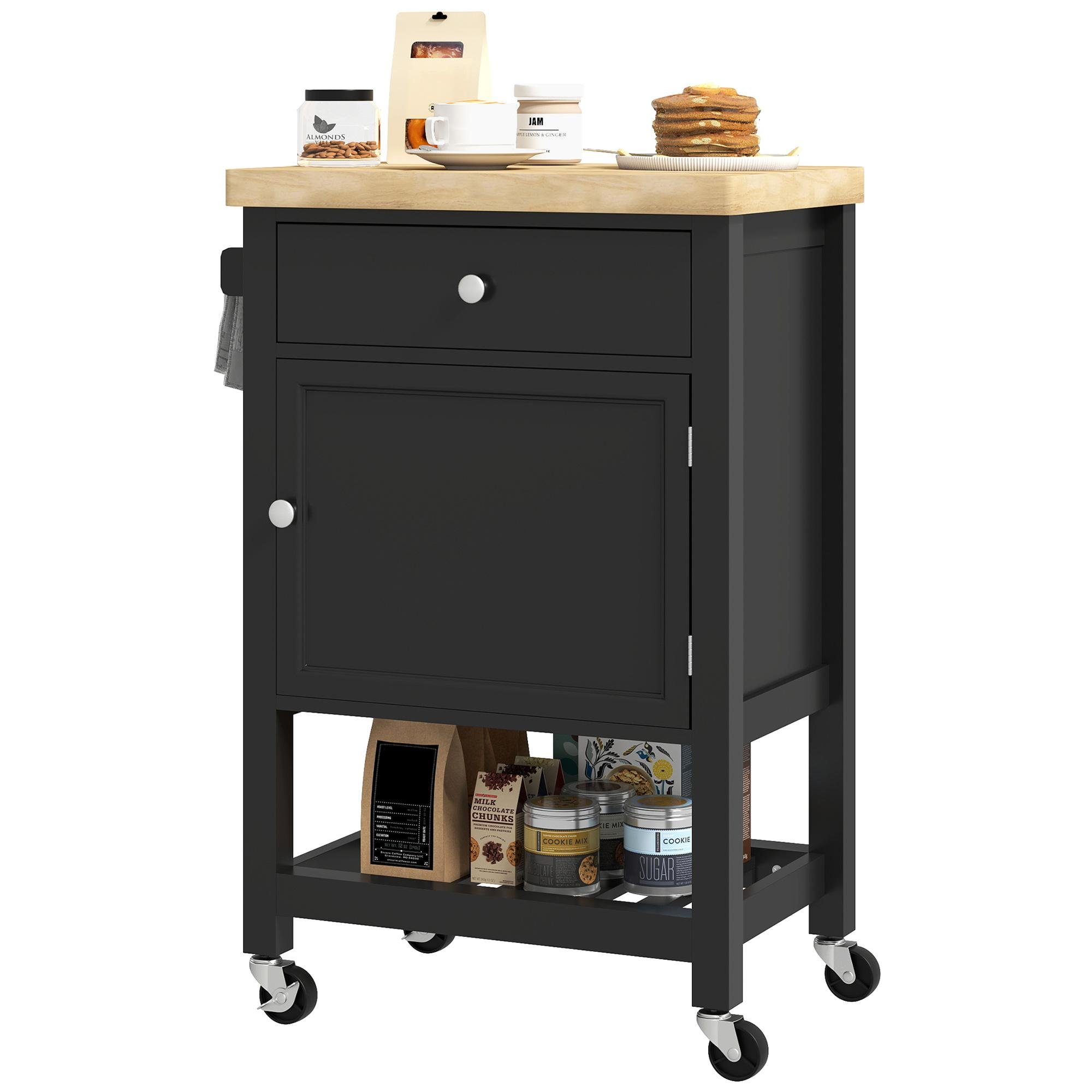 Black Kitchen Cart with Drawer and Rubberwood Top
