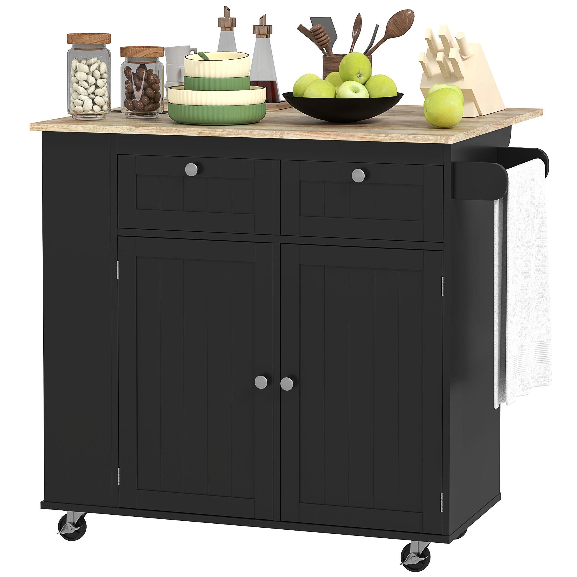 Black Drop Leaf Kitchen Cart with Power Outlet
