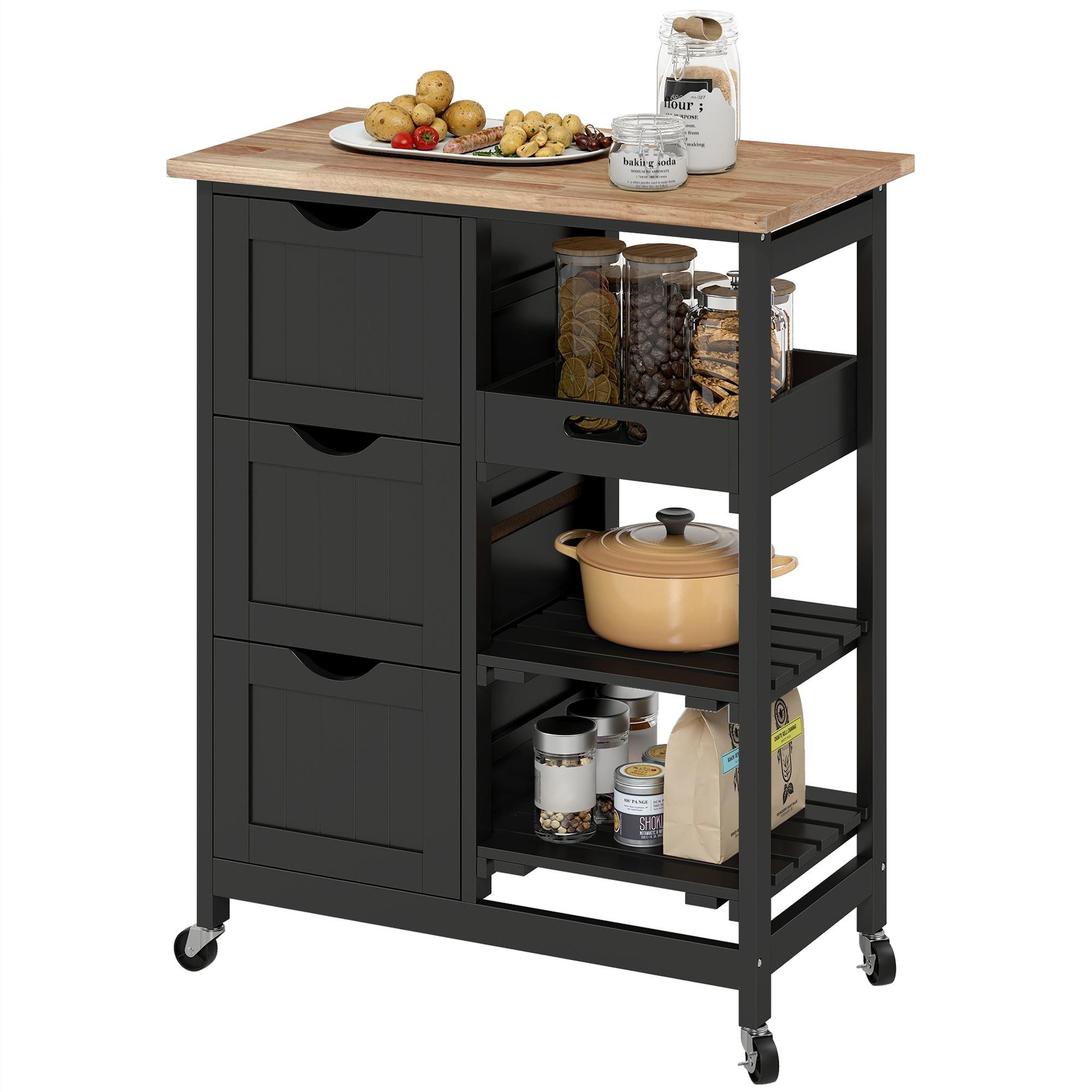 Black Kitchen Cart with Shelves and Rubberwood Worktop