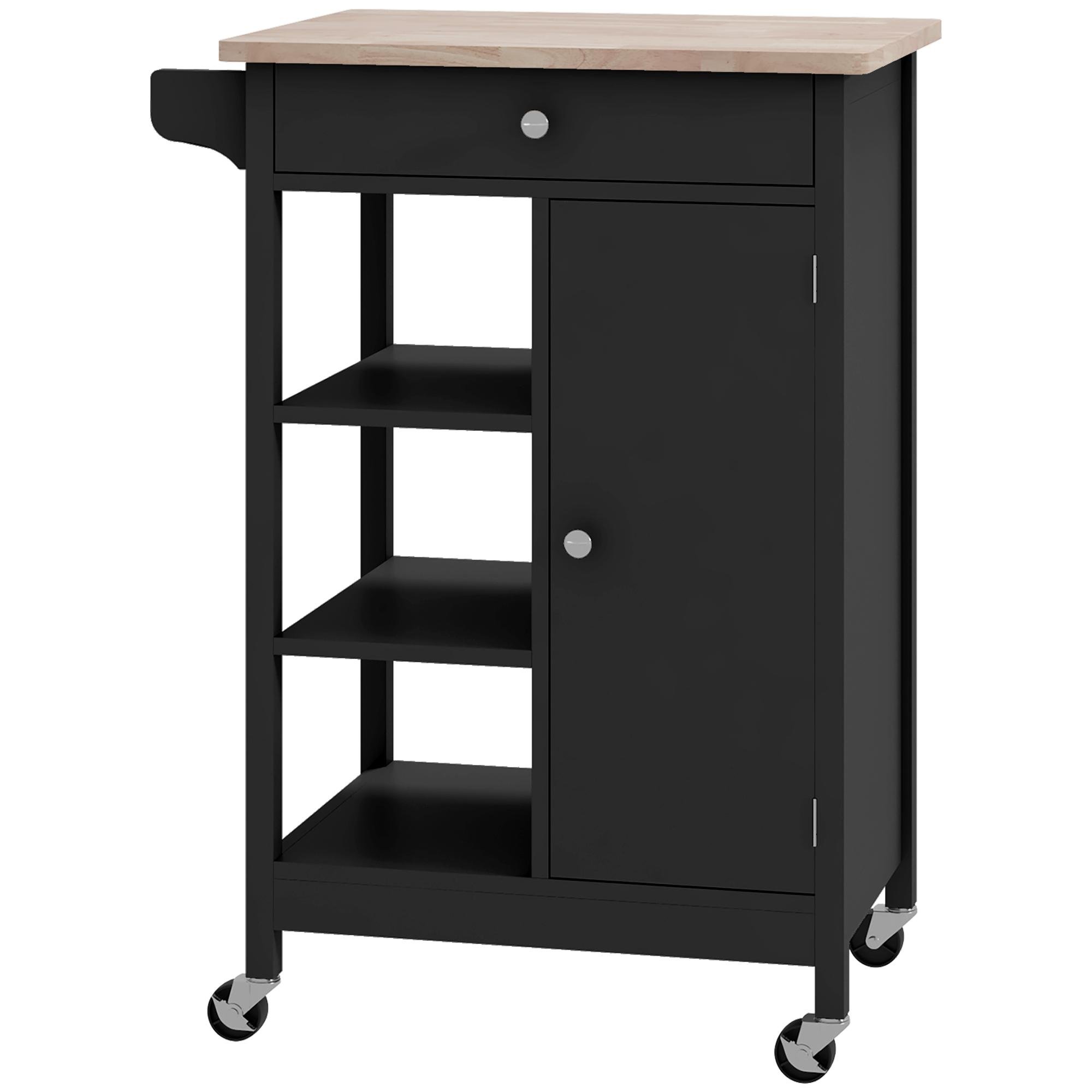 Black Kitchen Cart with Cabinet and Rubberwood Top