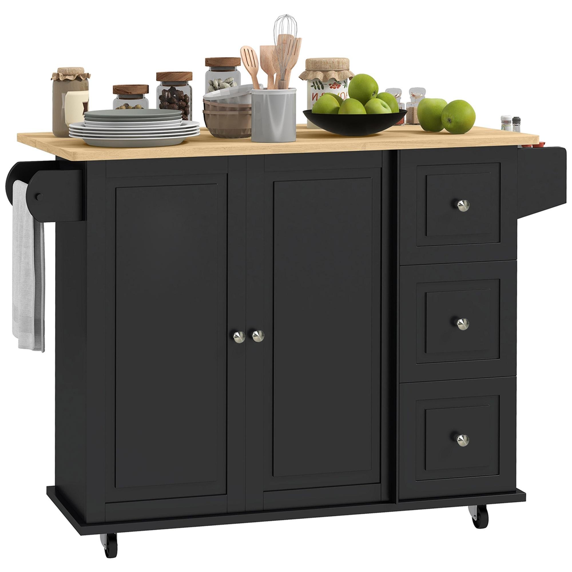 Black Drop Leaf Trolley with 3 Drawers and Cabinet