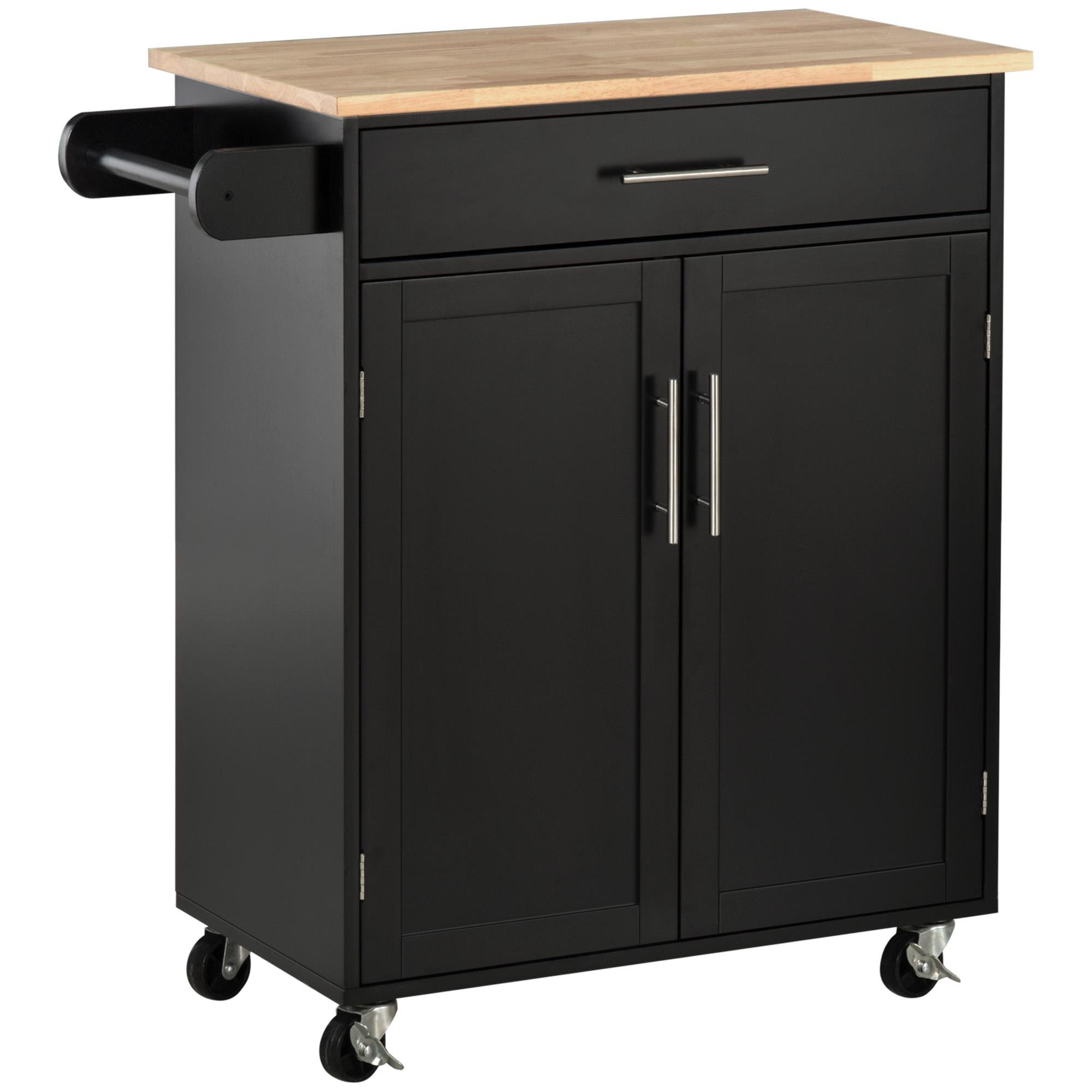 Black Rubberwood Top Cart with Adjustable Storage Shelf