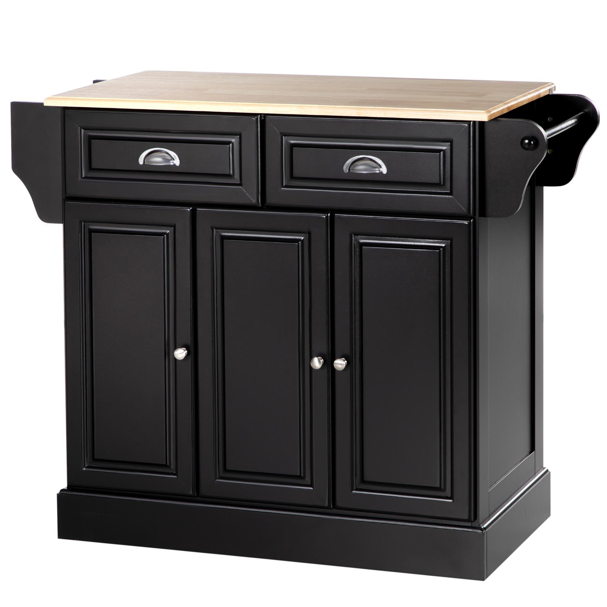 Black Rubberwood Kitchen Cart with Drawers and Cabinets