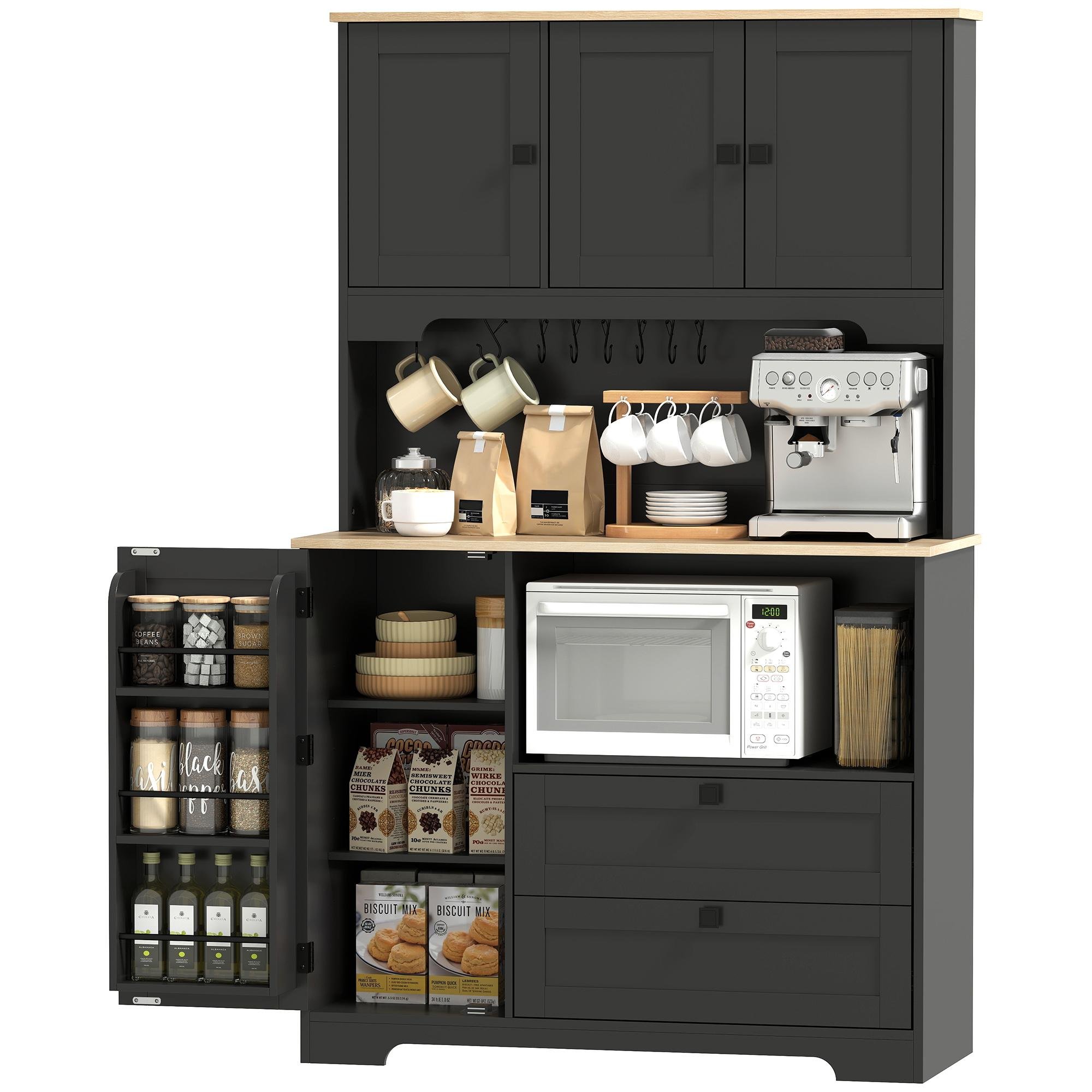 Black 64 Inch Kitchen Hutch with Adjustable Shelves