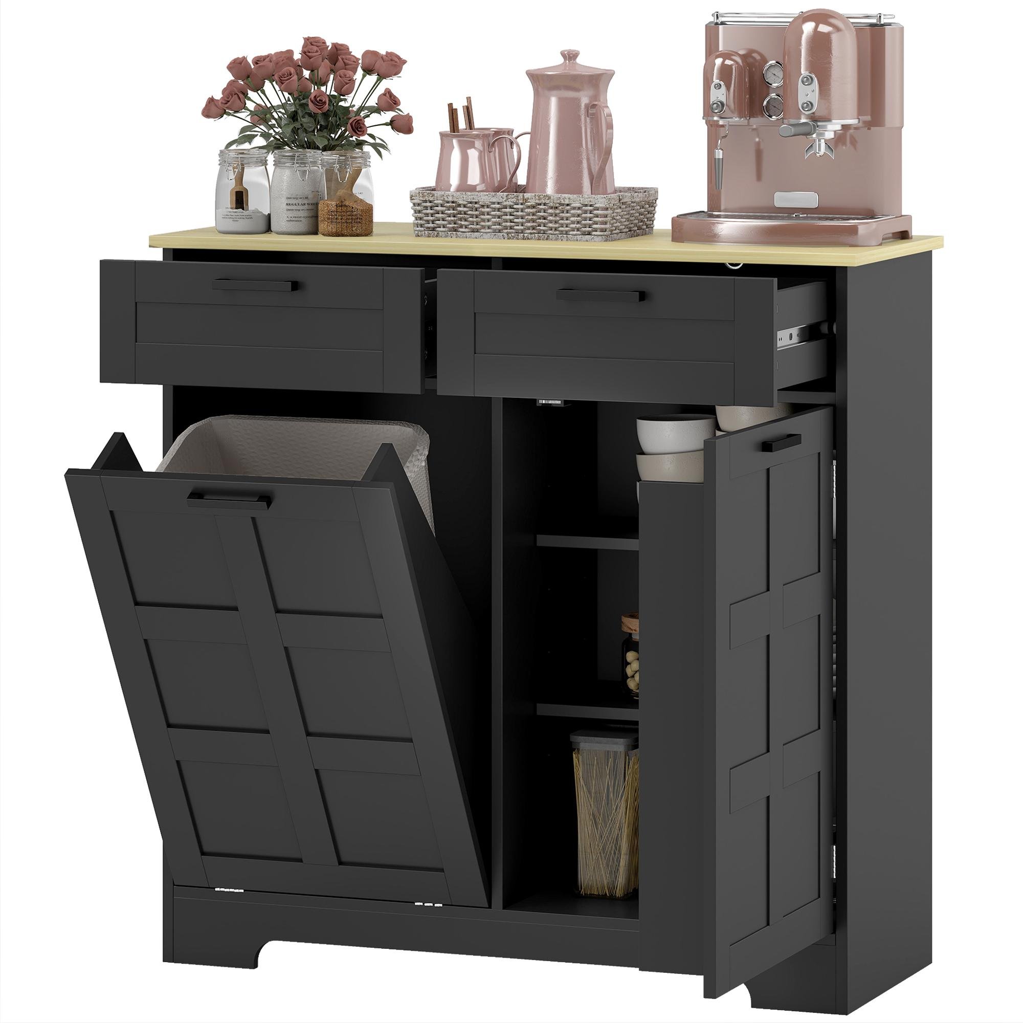 Black 13 Gallon Trash Cabinet with 2 Drawers