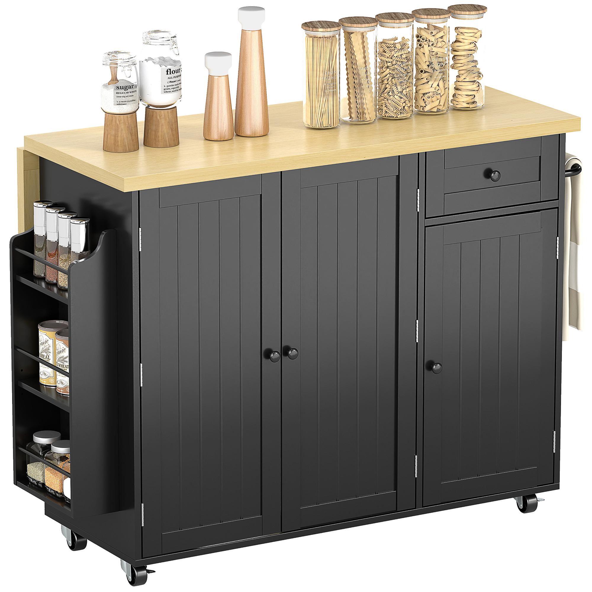 Black Natural Top Kitchen Island with Drop Leaf Storage