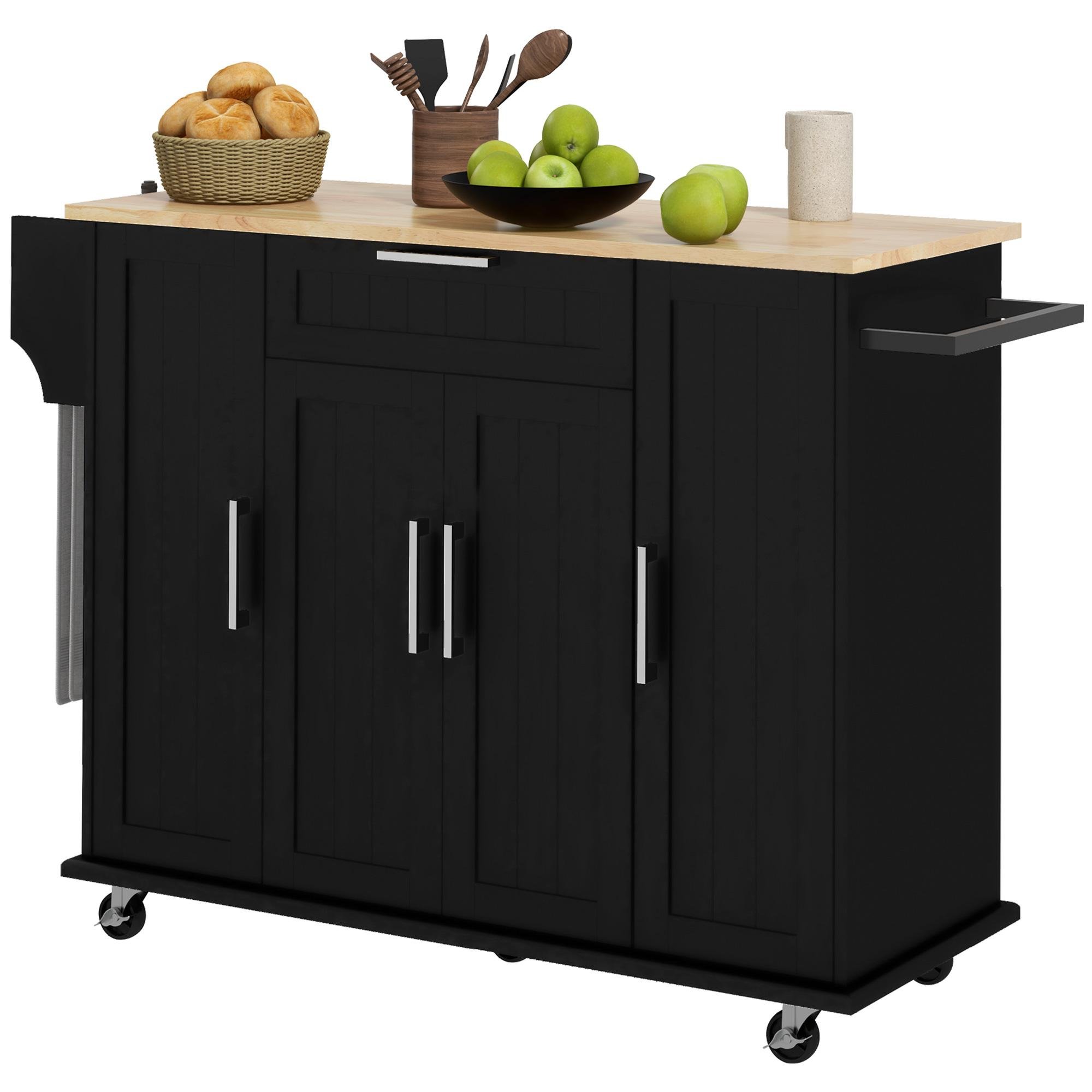 Black Rubberwood Island Cart with Natural Wood Top