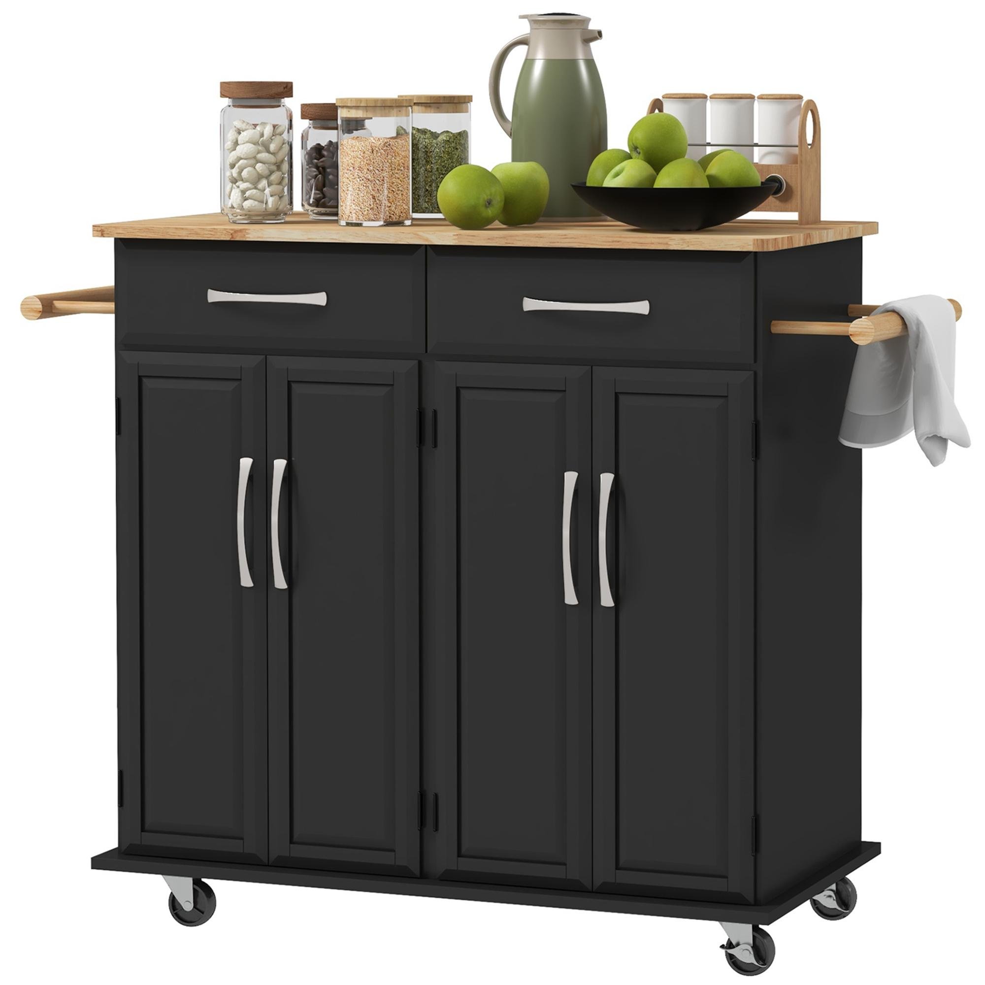 Black Rubberwood Kitchen Island Cart with Drawers and Cabinets