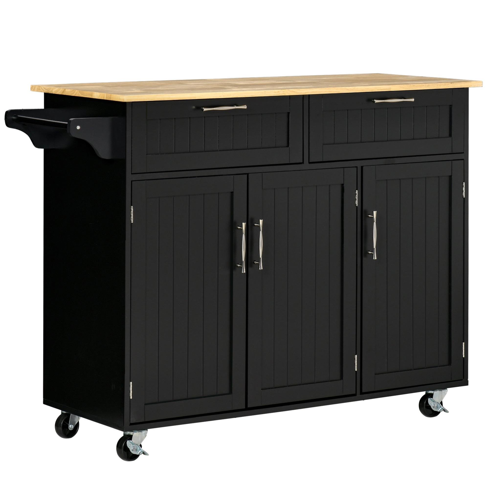 Black Kitchen Island Cart with Rubberwood Top and Storage