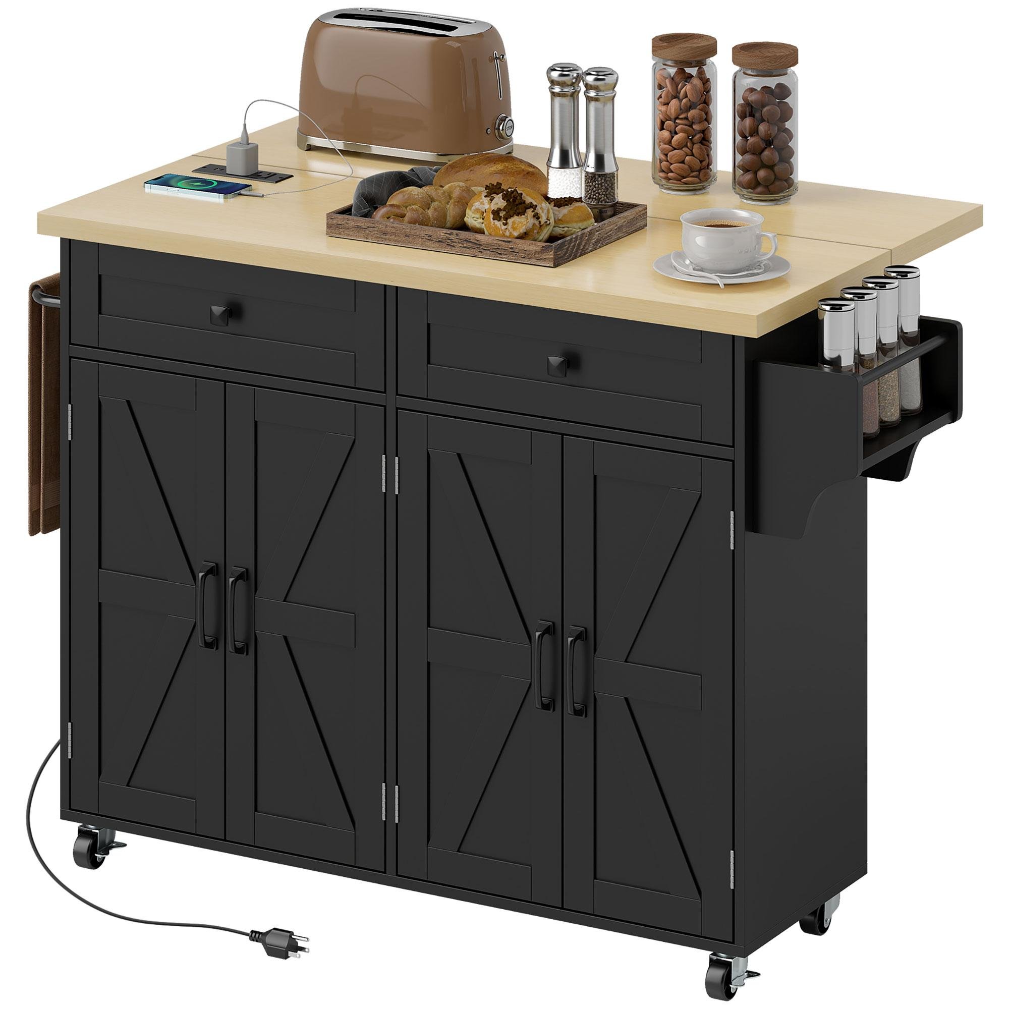 Black Particleboard Drop Leaf Island with Storage