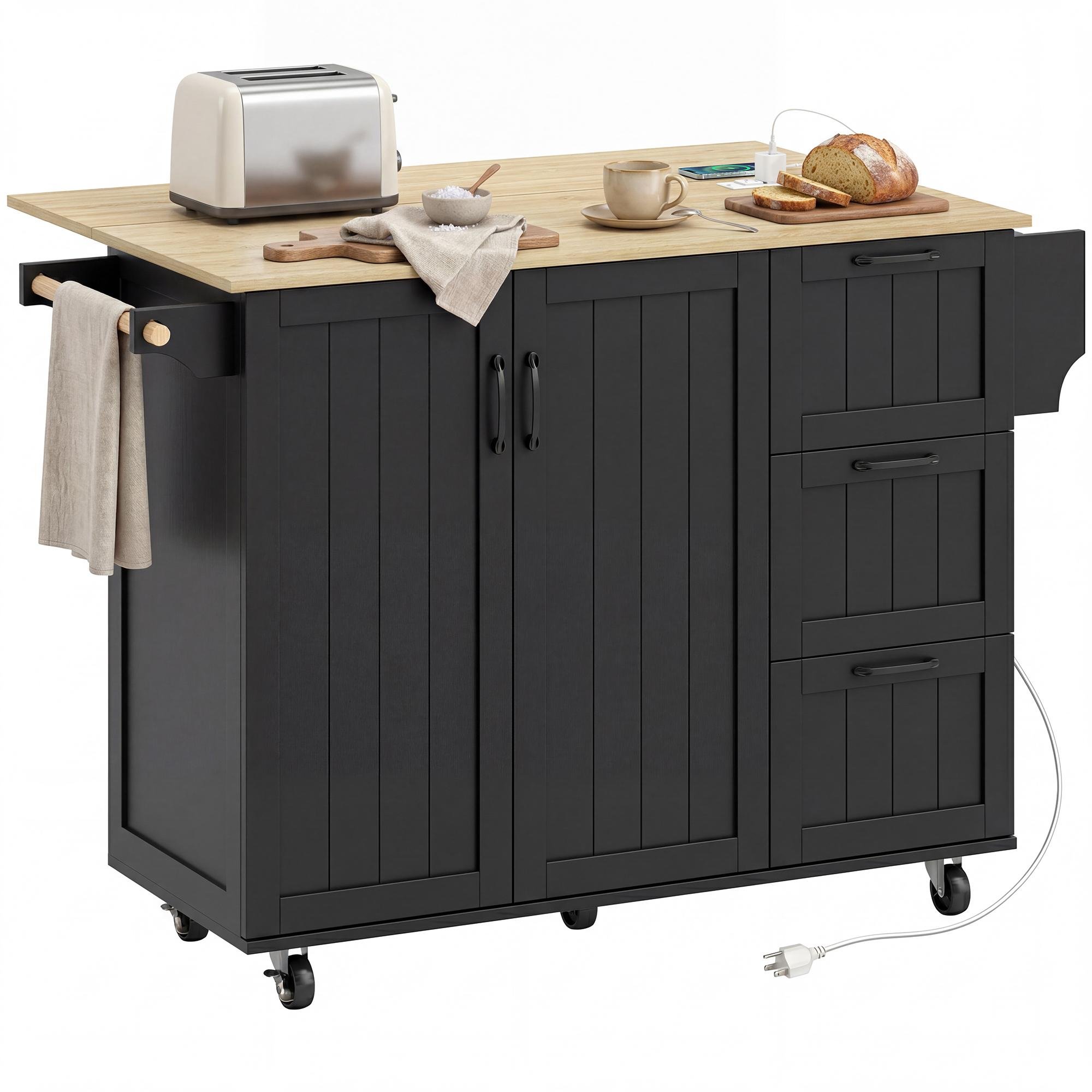 Black Drop Leaf Island Cart with Charging Station