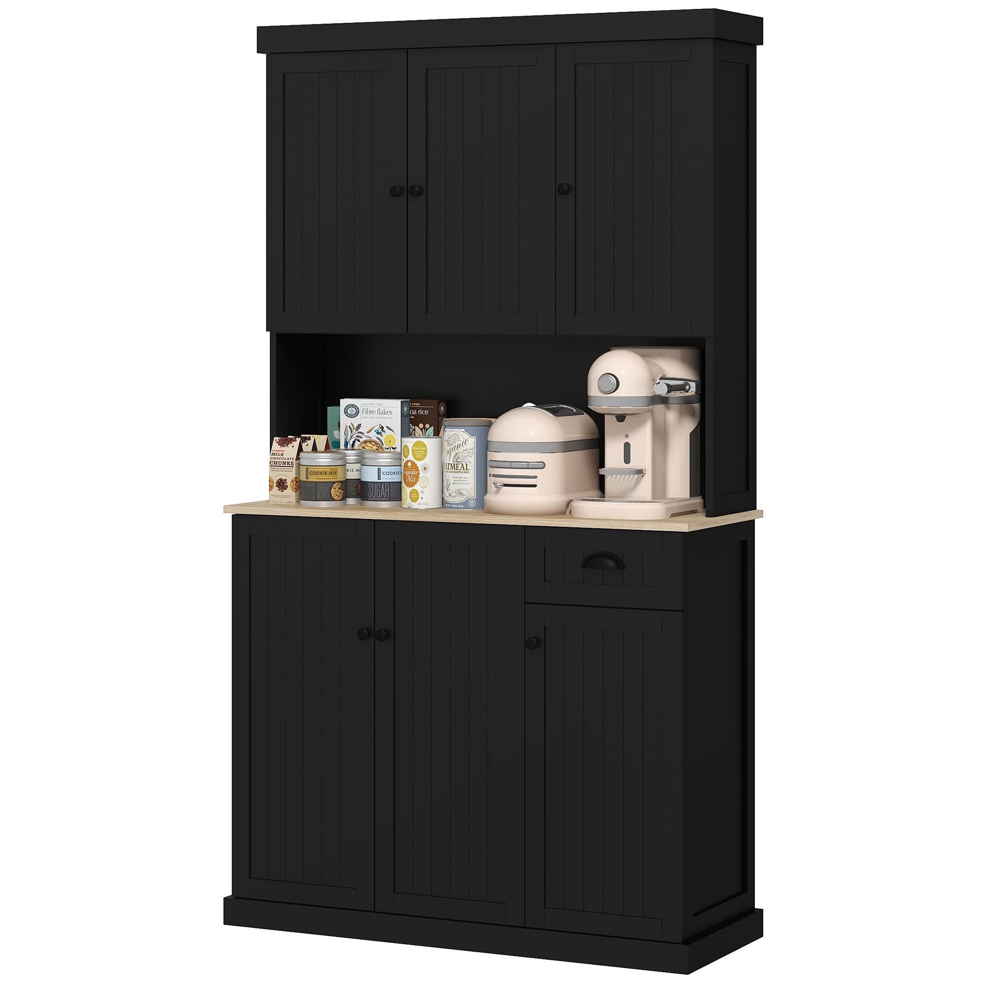 Black Beadboard Microwave Pantry with Adjustable Shelves