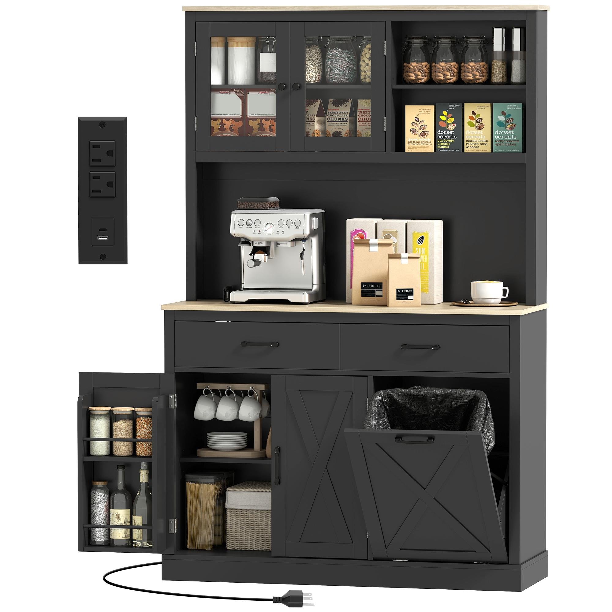 Black 69 Inch Pantry Cabinet with Charging Station