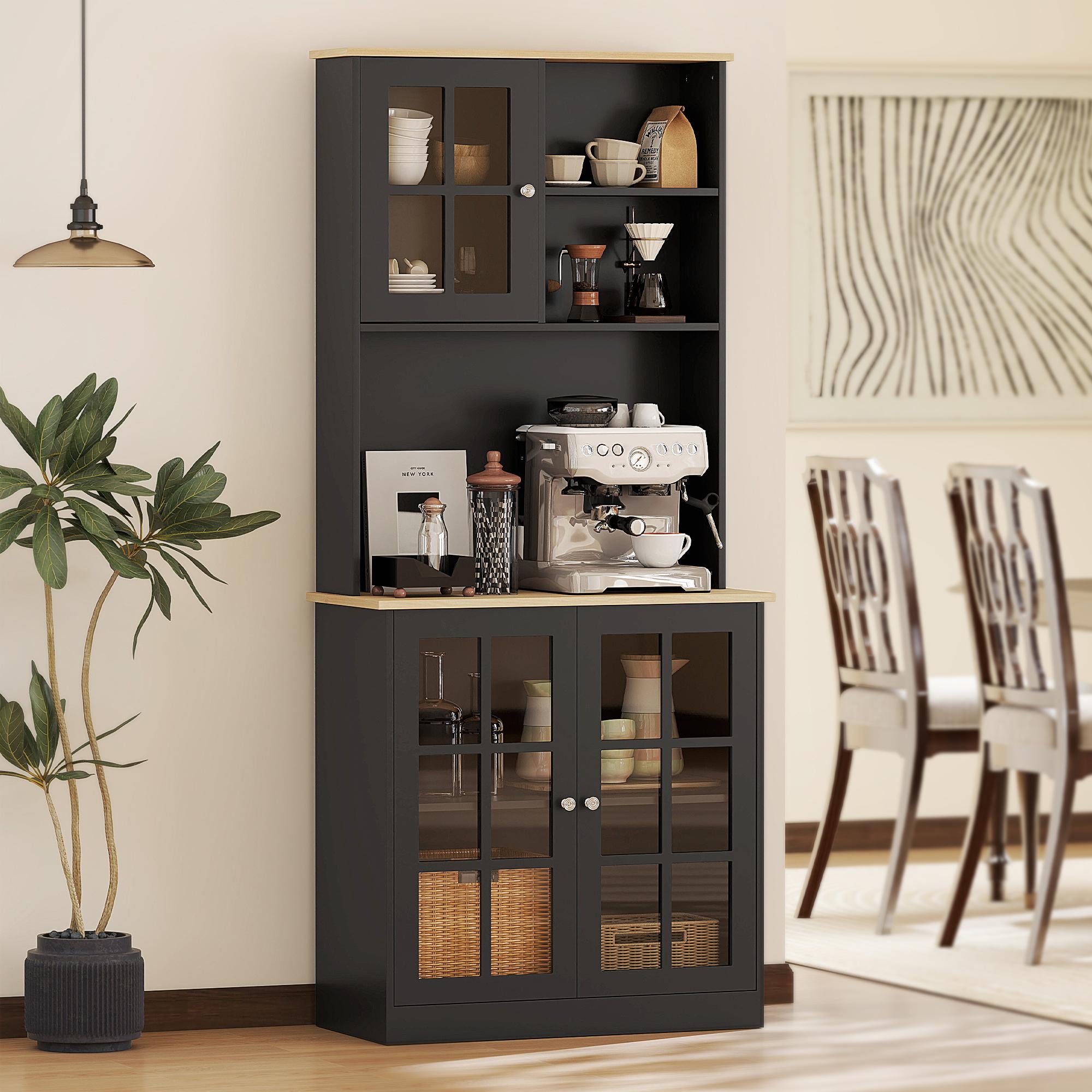 Black Kitchen Pantry Cabinet with Glass Doors