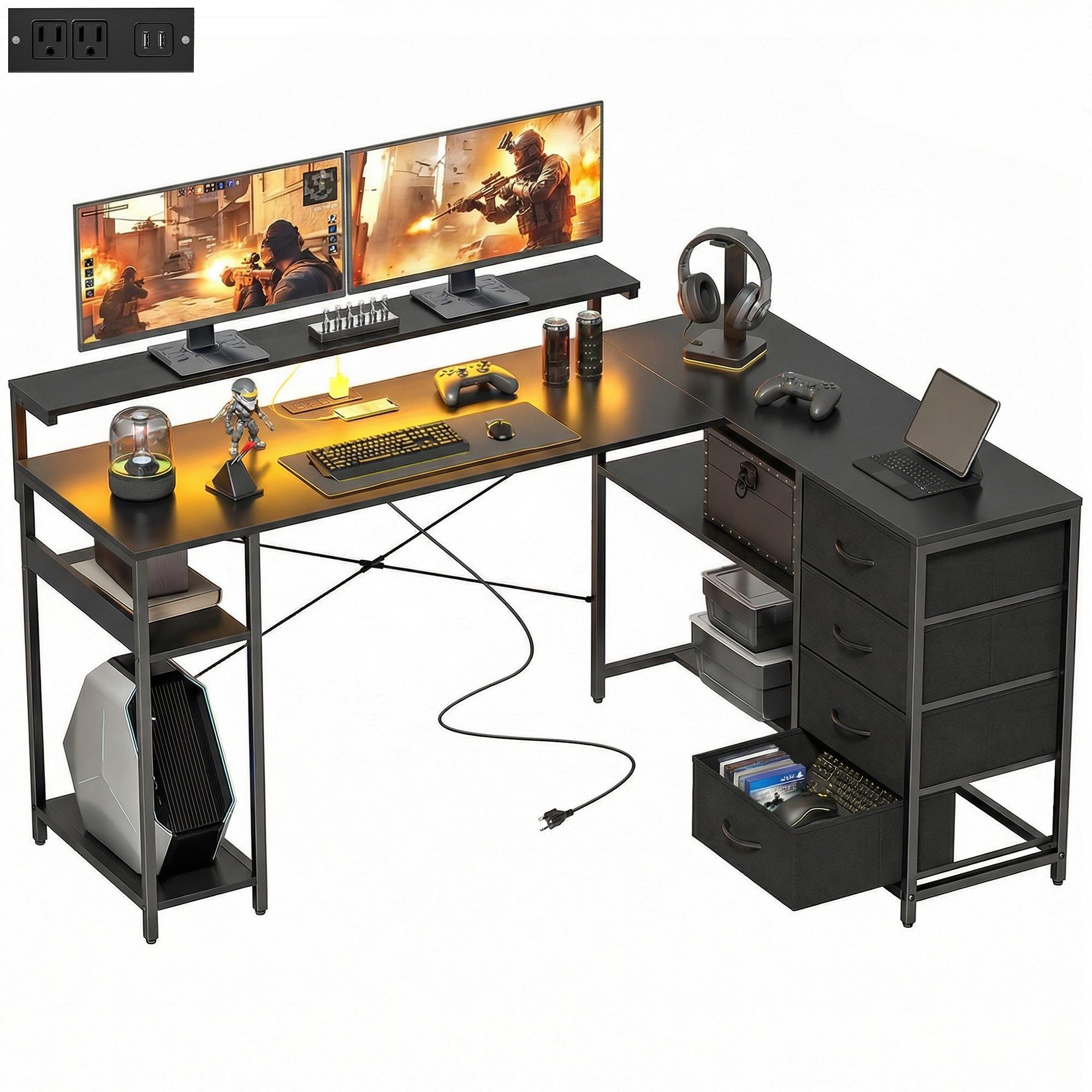 61-Inch Black Gaming Desk with Reversible L-Shape