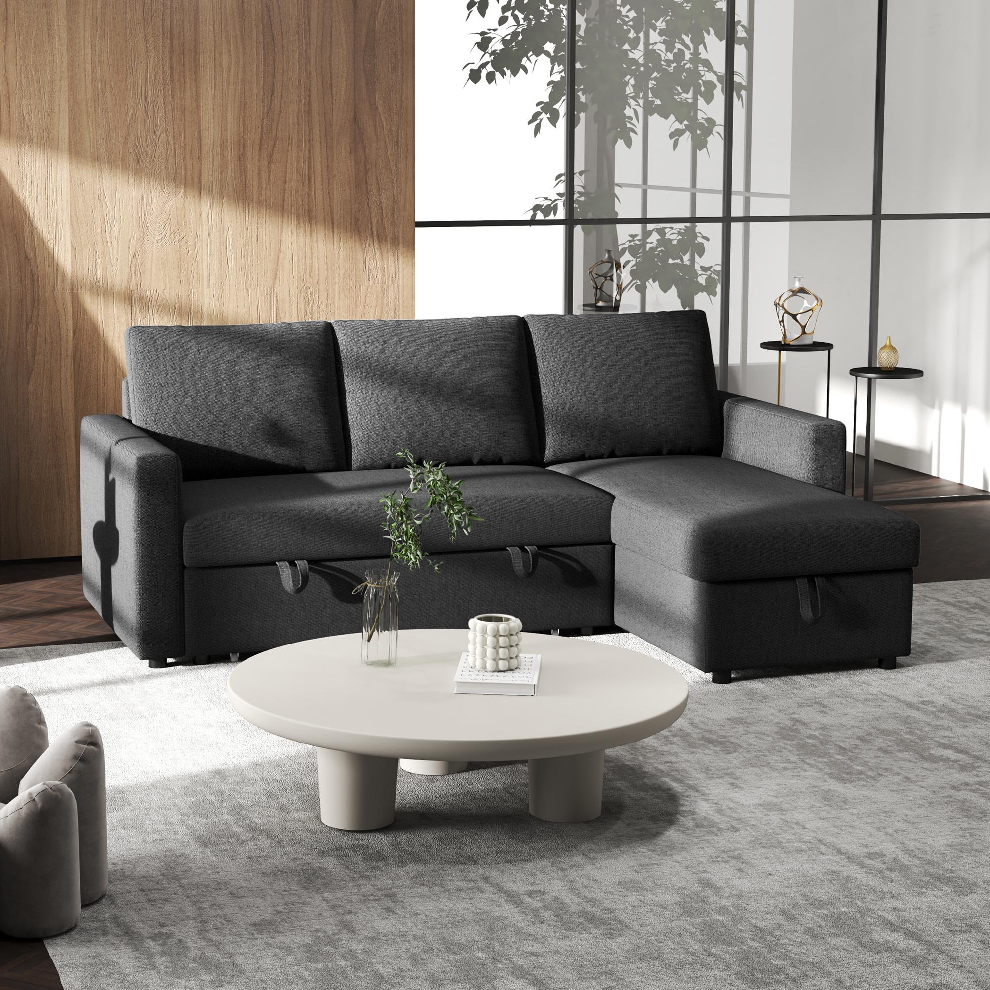 Black Linen Sectional Sleeper with Reversible Chaise