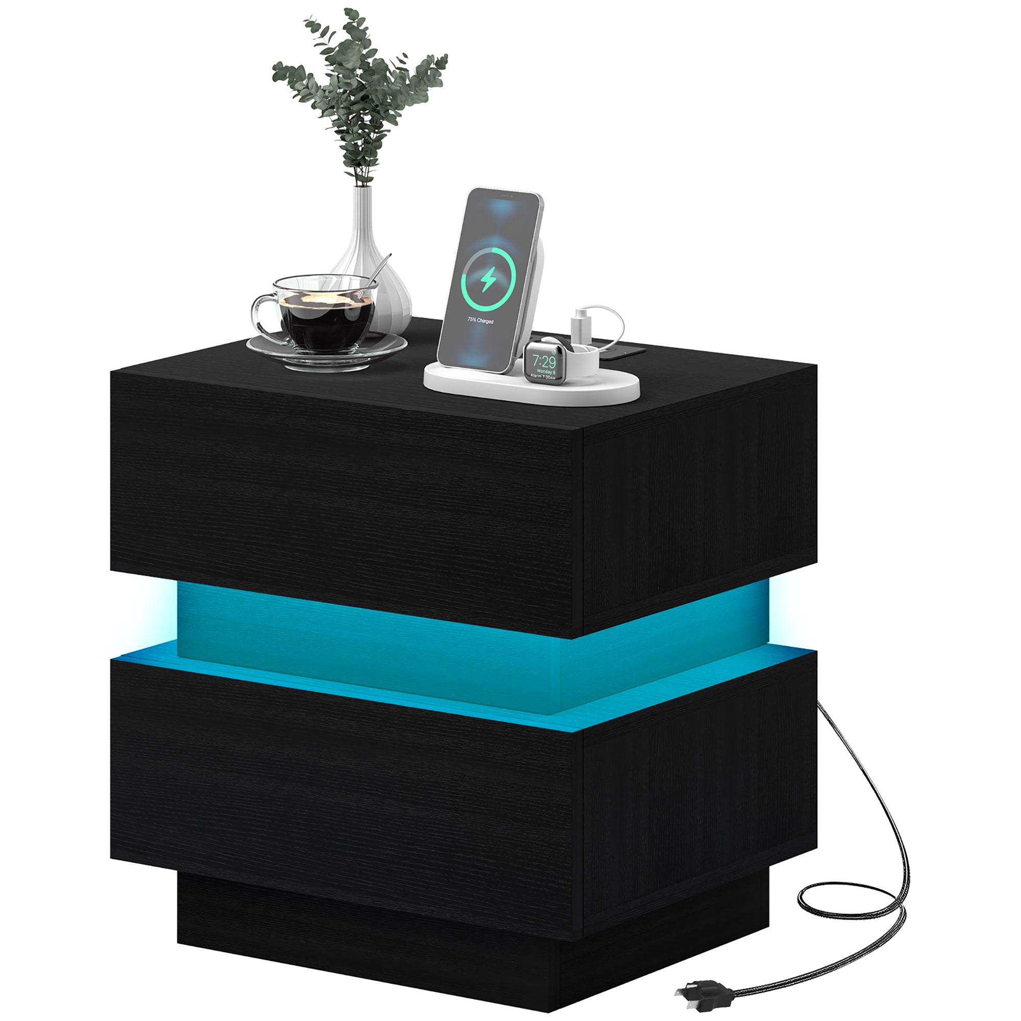 Black LED Charging Nightstand with 2 Drawers